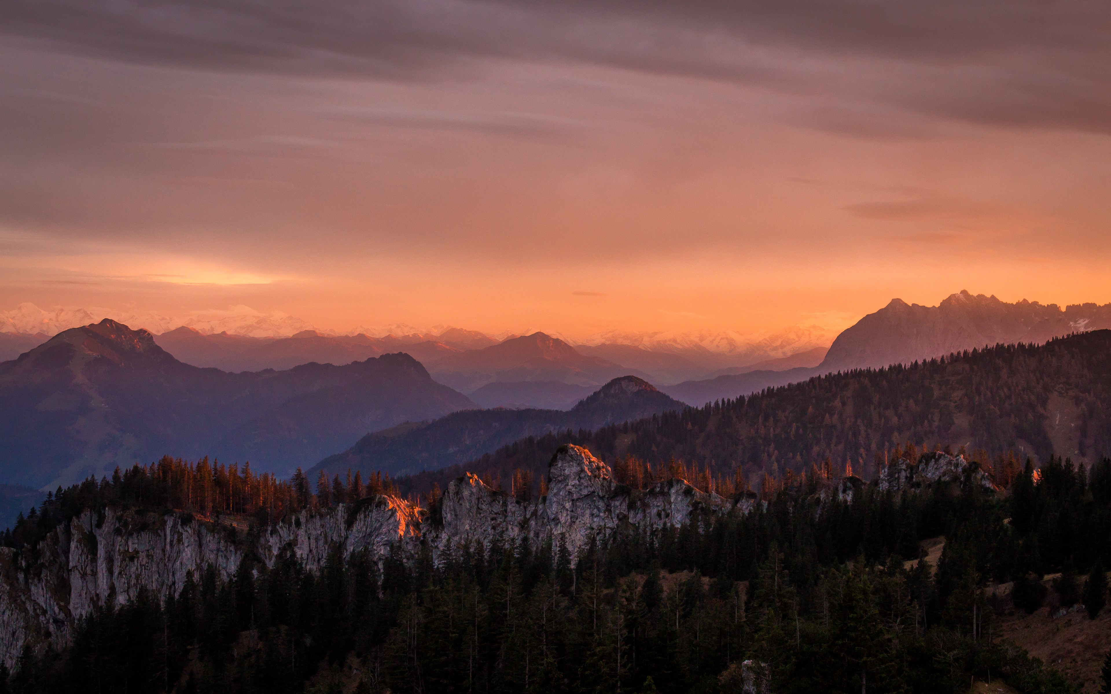 Sunset over mountains and forest landscape HD Wallpaper