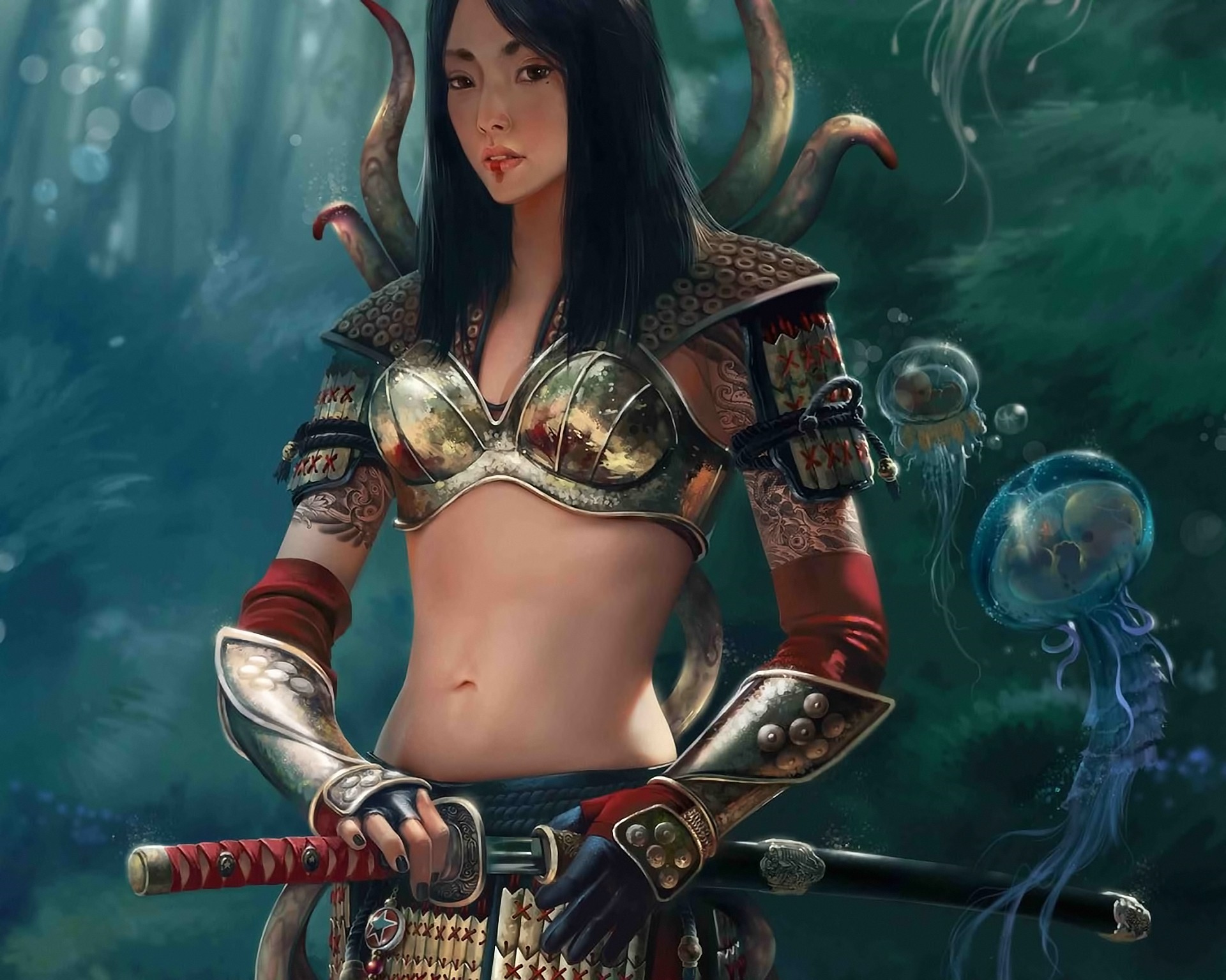 Warrior woman with sword and tentacles HD Wallpaper