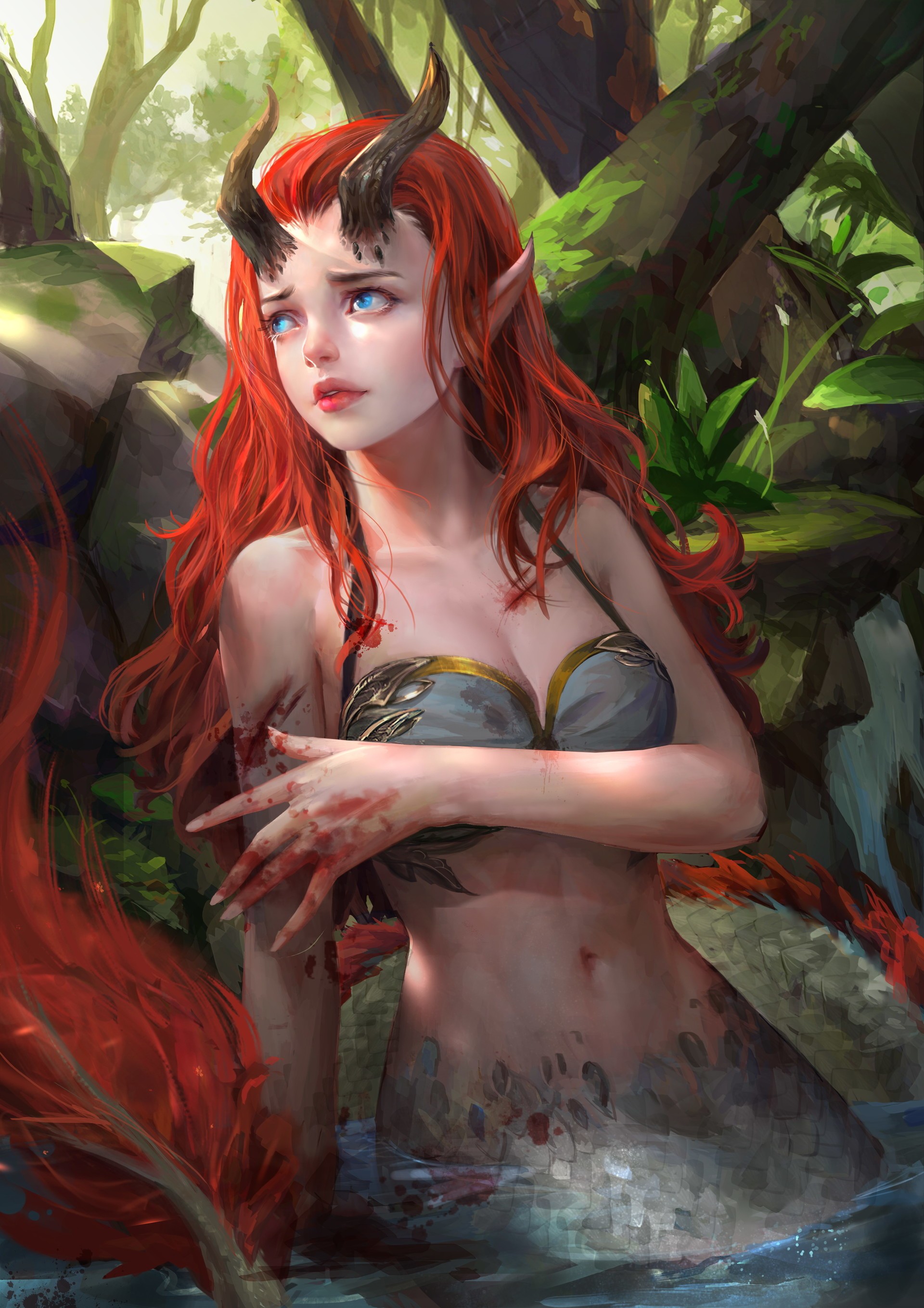 Redhead siren with horns in a forest stream HD Wallpaper