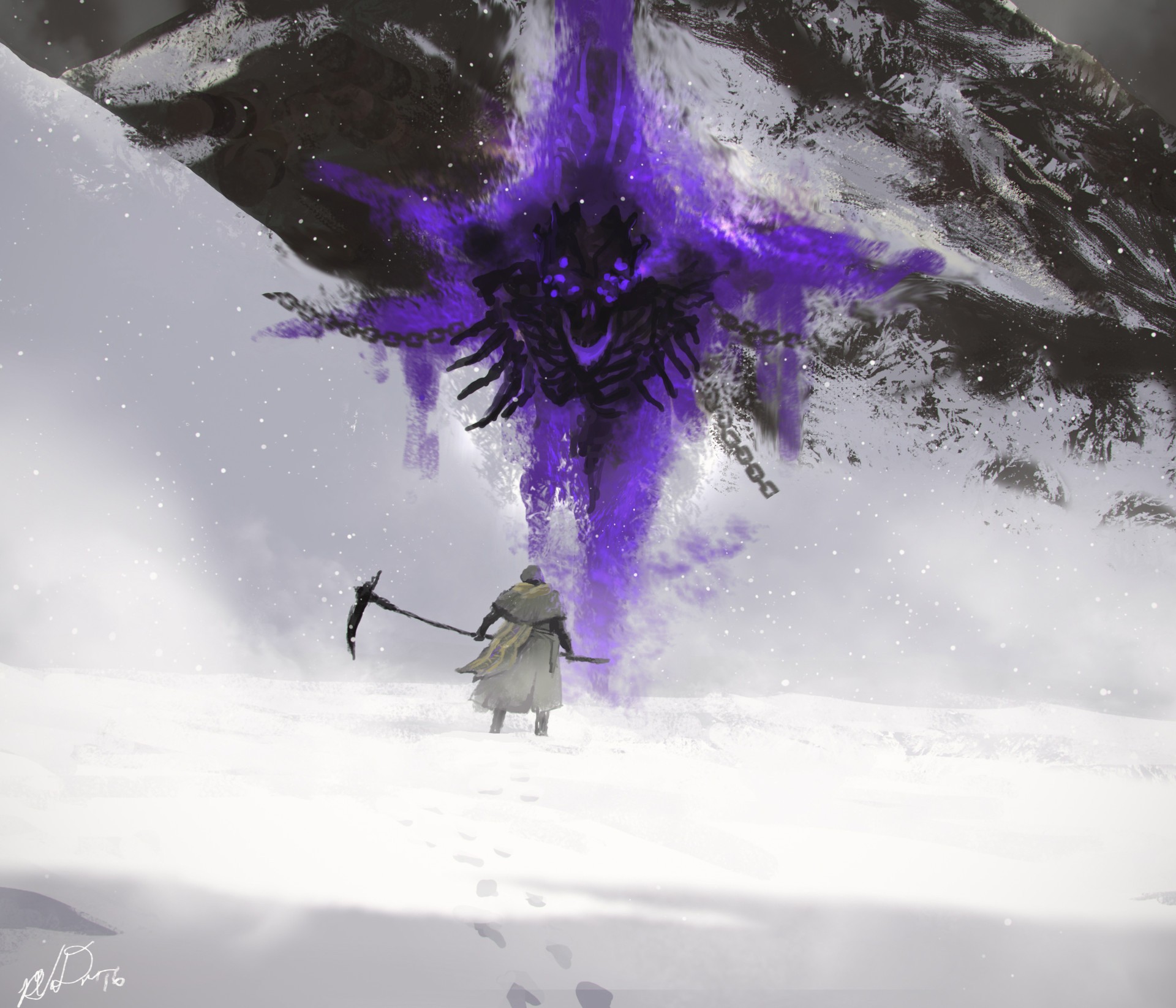 Fantasy art of a creature in snow with a person holding a sickle HD Wallpaper