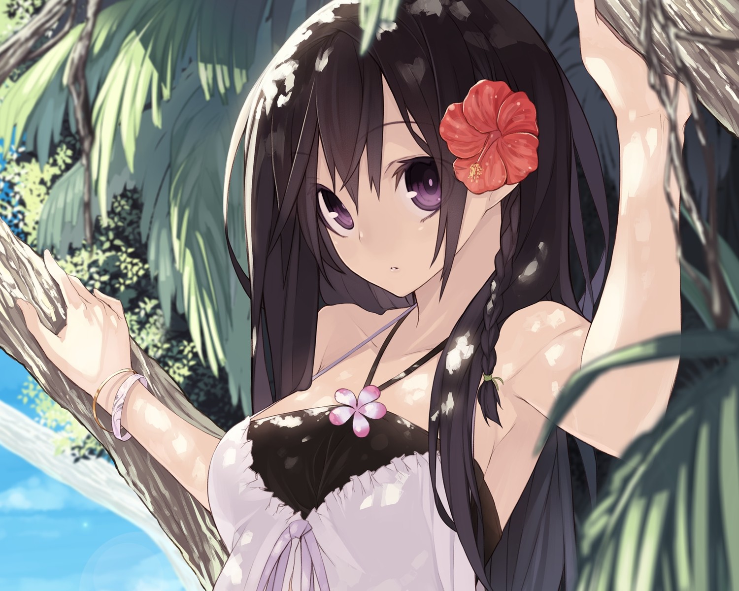 Anime girl with flower in hair HD Wallpaper