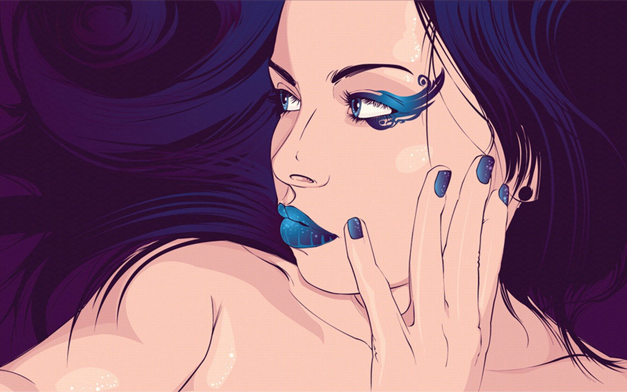 Woman with blue makeup and dark hair HD Wallpaper