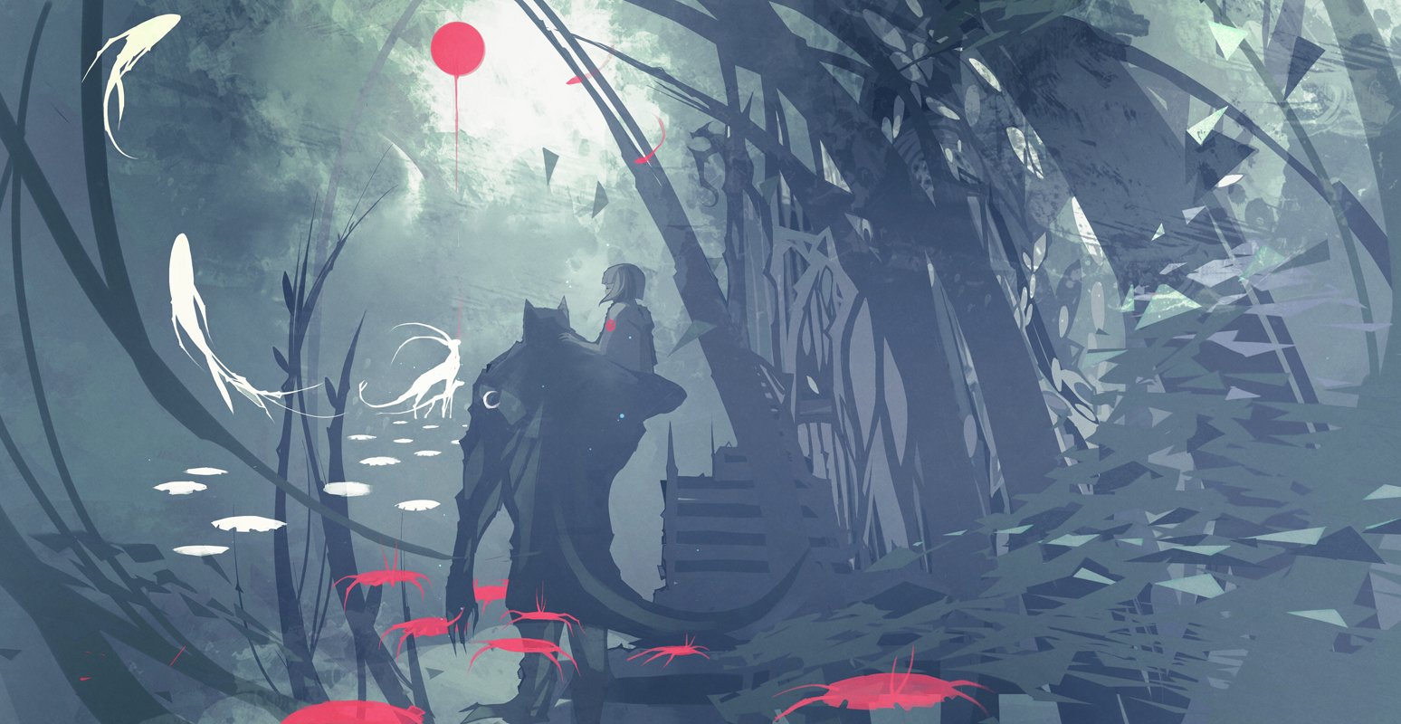 A girl and a werewolf in a surreal forest with koi and crabs HD Wallpaper