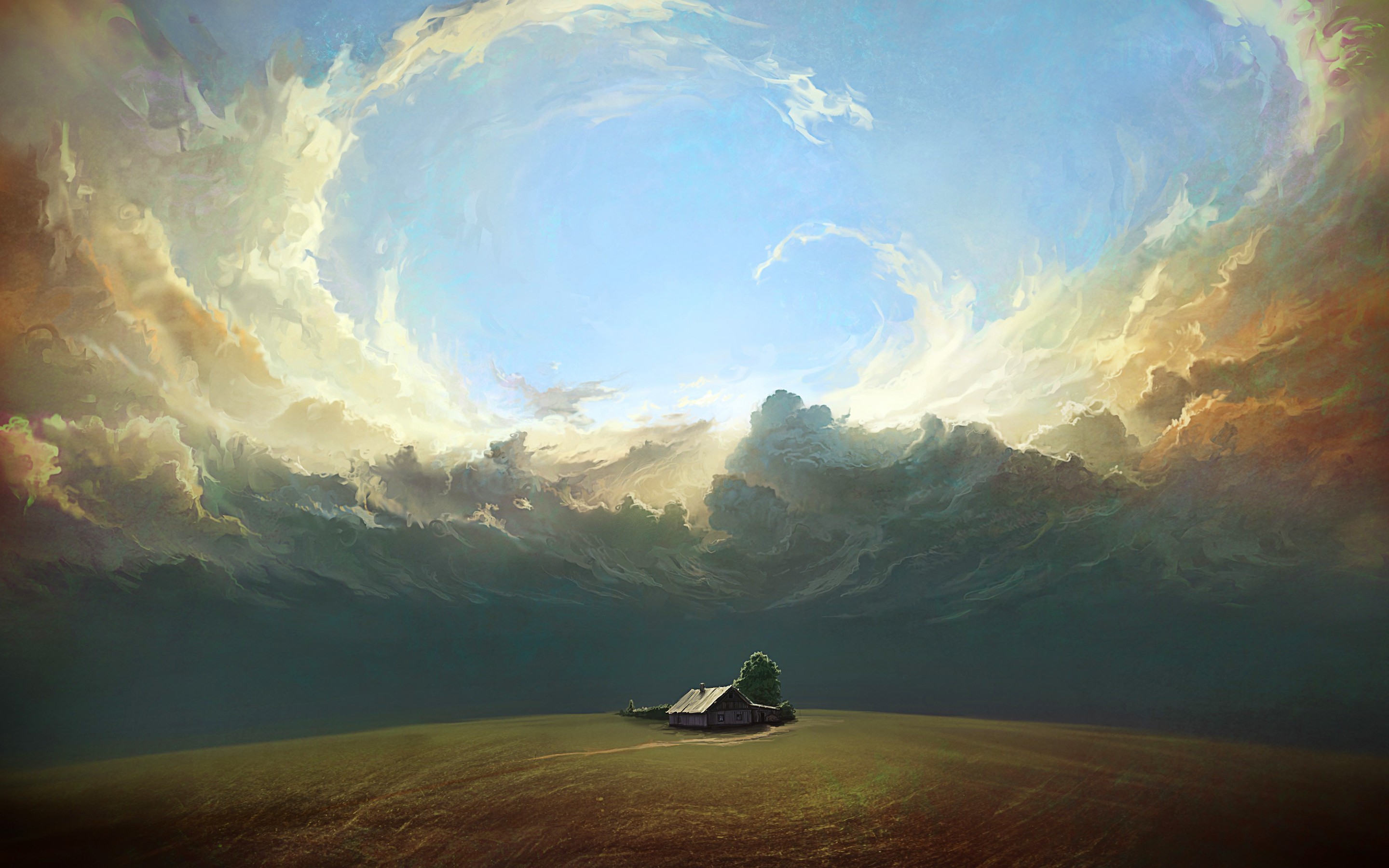 A solitary house under a swirling sky HD Wallpaper