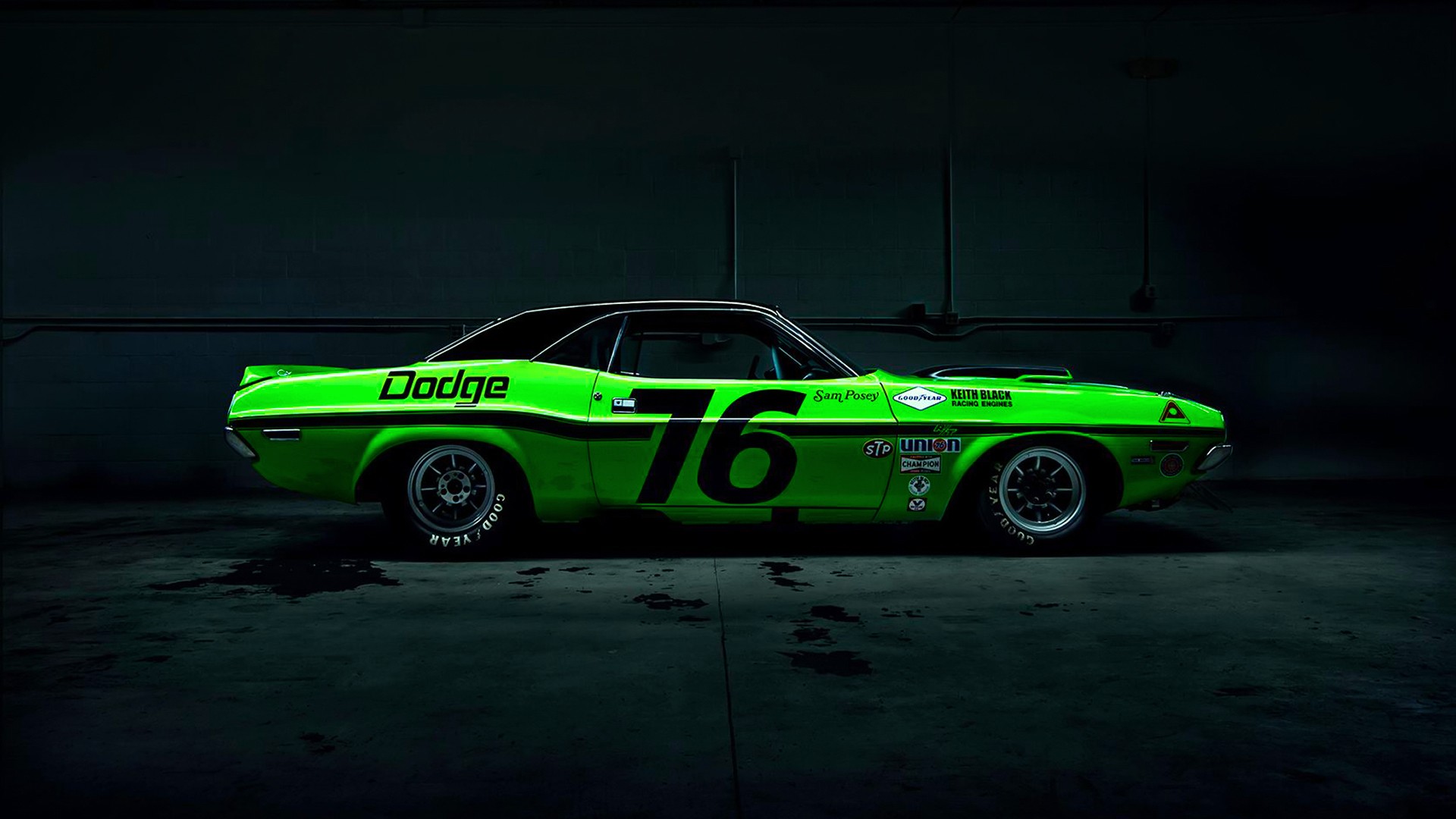 Green Dodge Challenger race car with number 76 HD Wallpaper