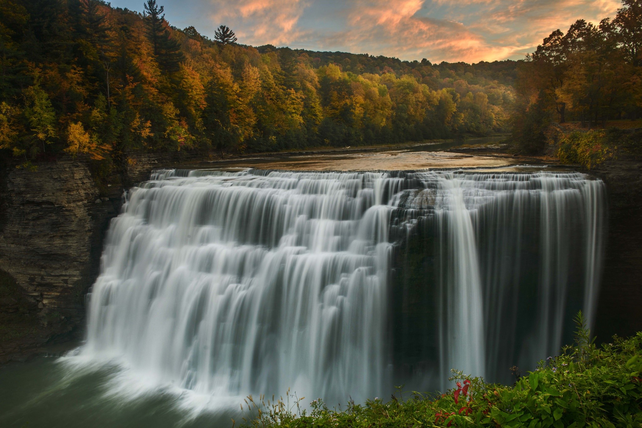 Waterfall in autumn forest HD Wallpaper