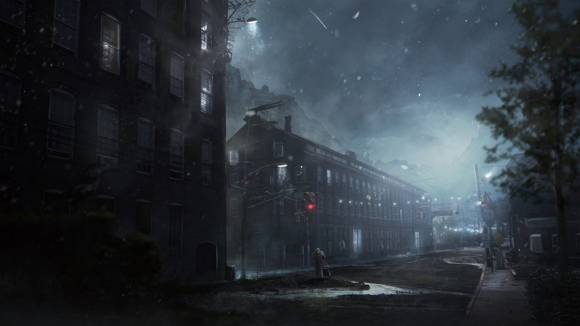 Dark industrial cityscape with a lone figure HD Wallpaper