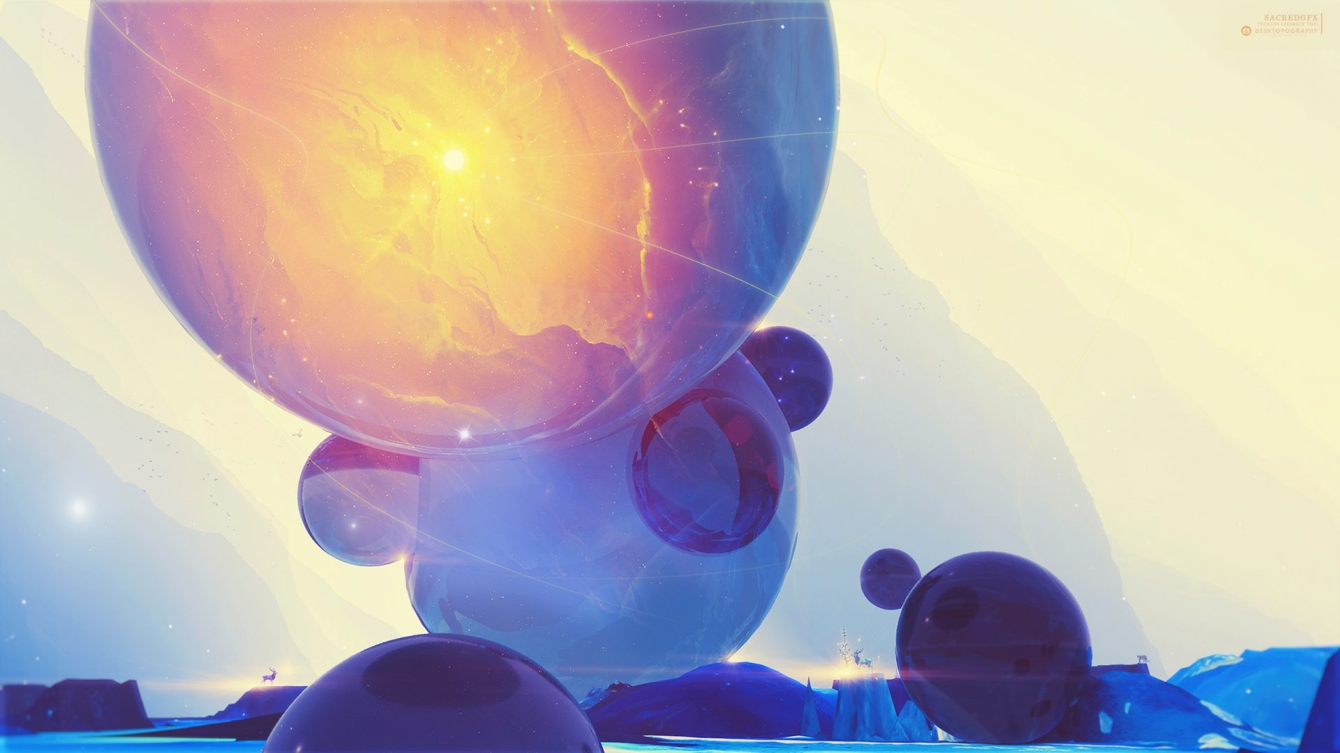 Abstract spheres with glowing core and celestial background HD Wallpaper