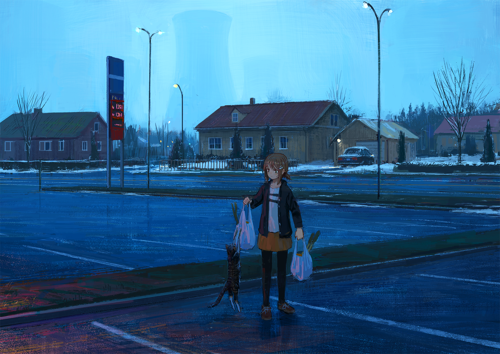 Anime girl with cat at a gas station in winter HD Wallpaper