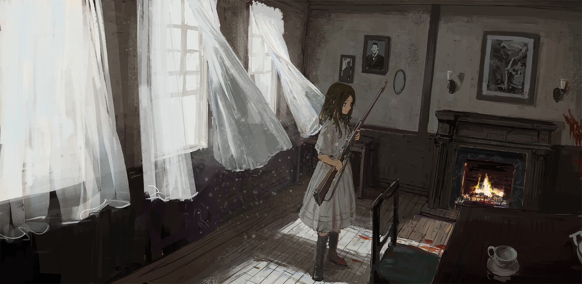 Anime girl with rifle in a room with fireplace HD Wallpaper