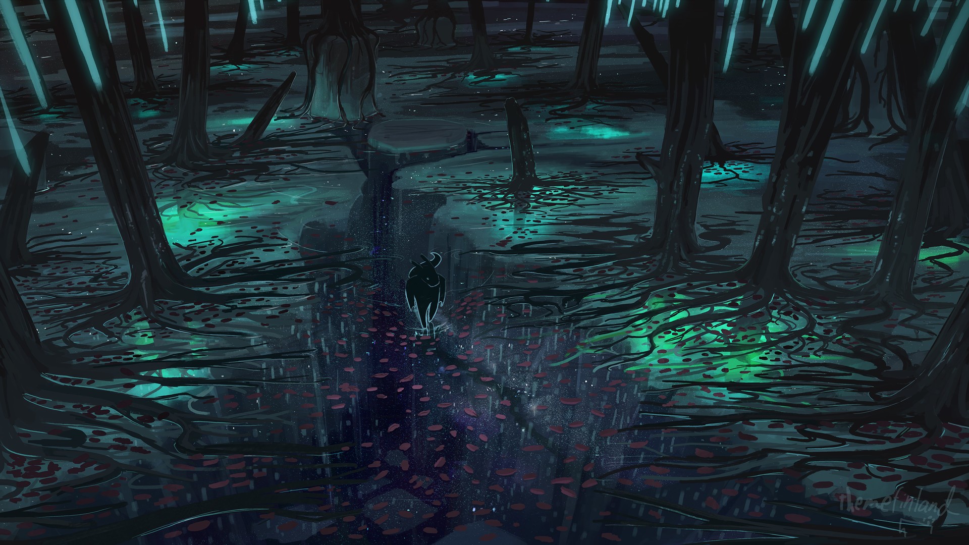 A bull-like creature walks through a glowing forest HD Wallpaper