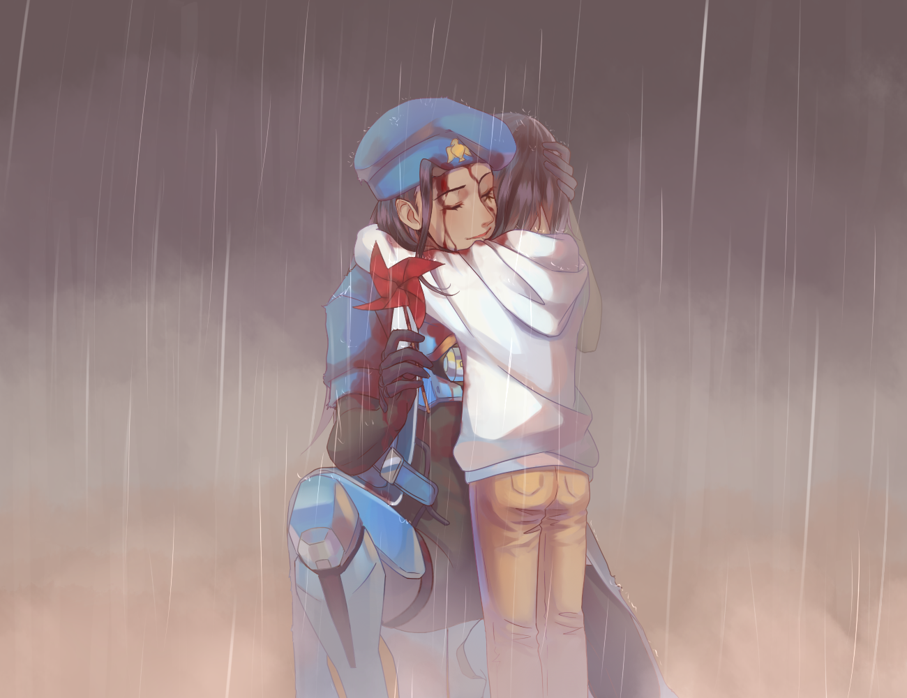 Ana and Pharah from Overwatch hugging in the rain HD Wallpaper