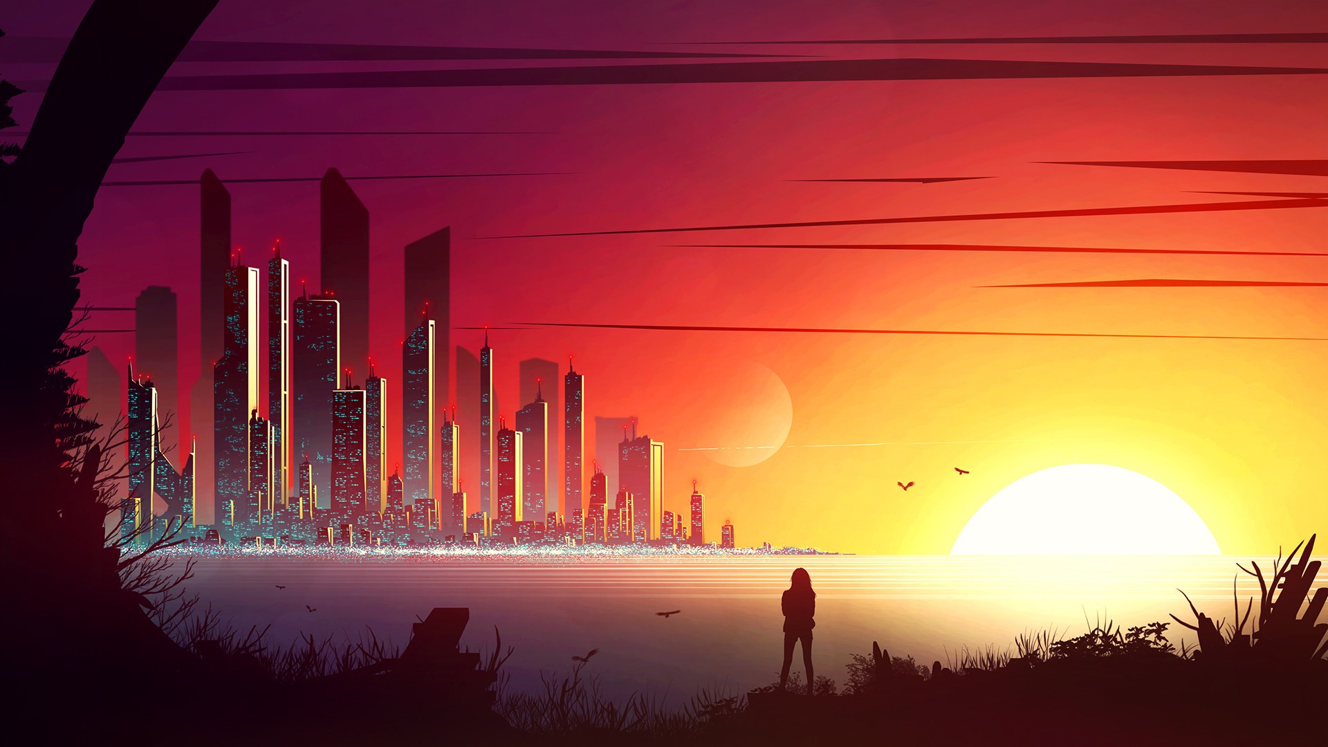 Kvacm, artwork, sunset, cityscape, illustration, digital art HD Wallpaper