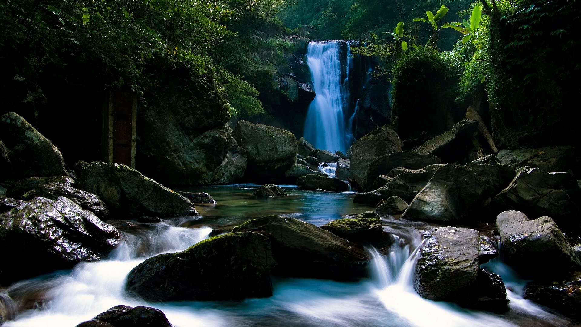 Waterfall in a lush green forest with rocks HD Wallpaper