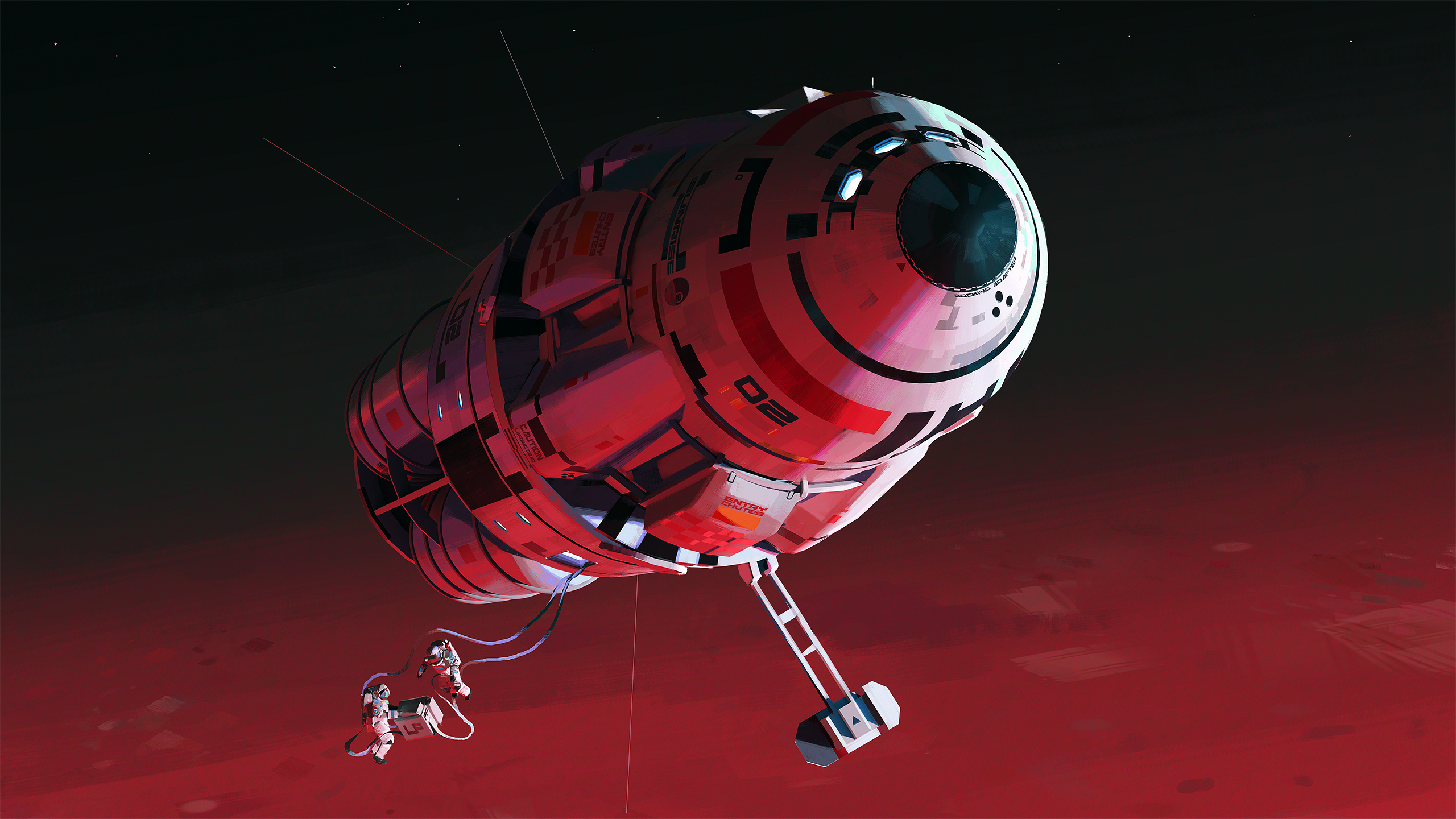 Astronauts tethered to a large spaceship in space HD Wallpaper