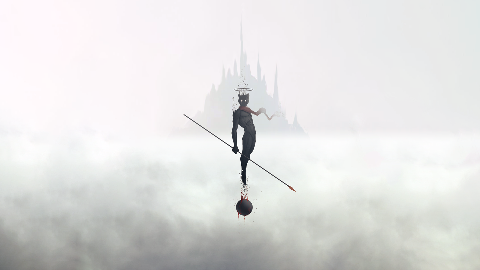 Dark figure with halo and spear in clouds HD Wallpaper