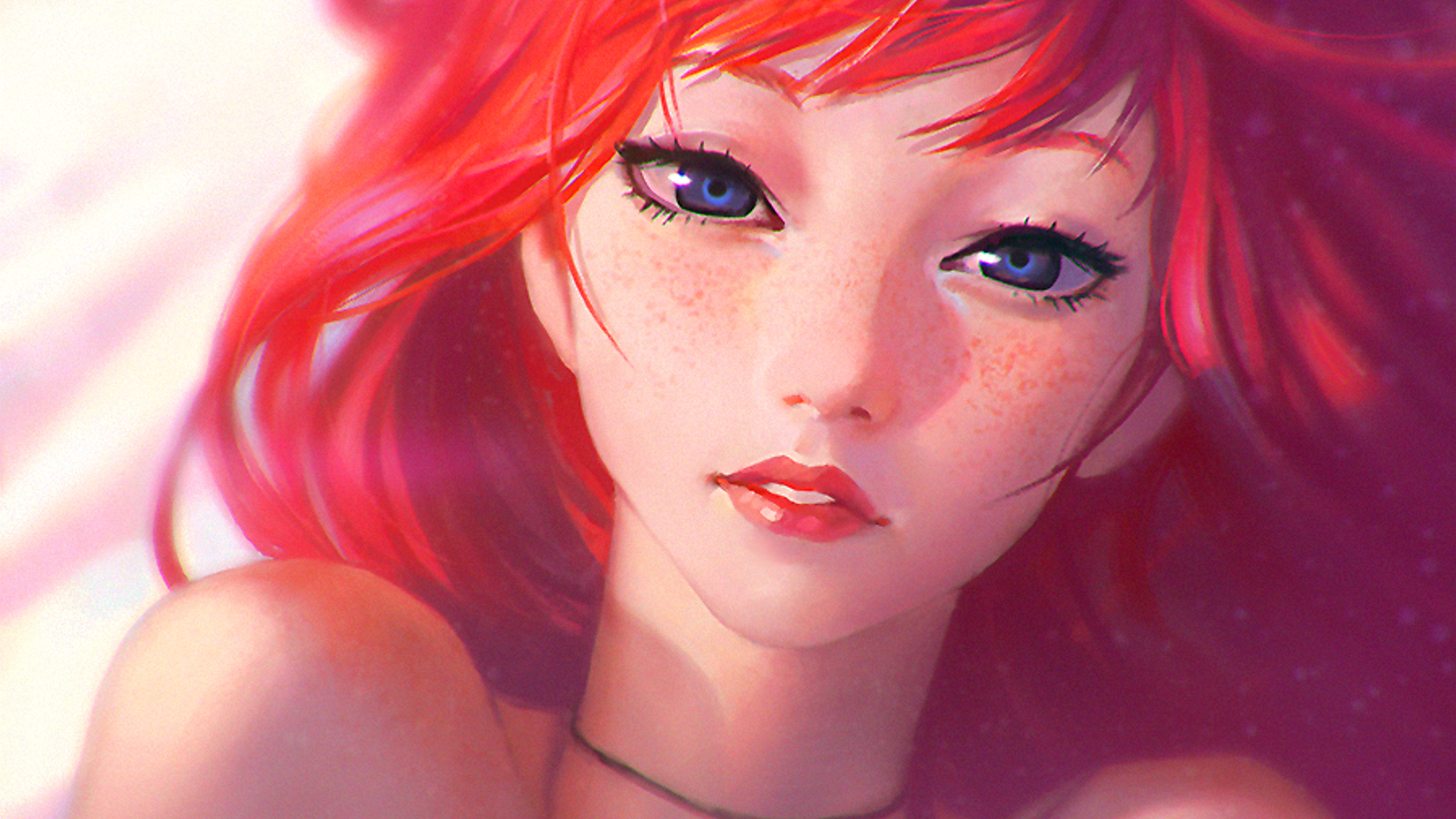 Redhead girl with blue eyes and freckles by Ilya Kuvshinov HD Wallpaper