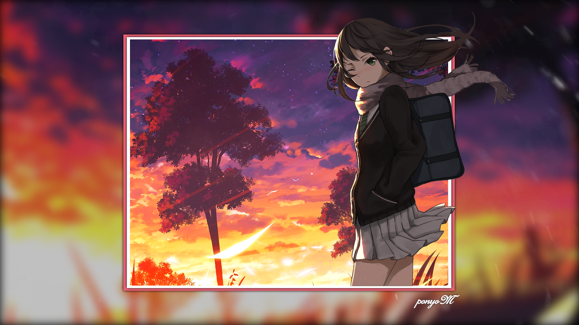 Anime girl with backpack at sunset HD Wallpaper