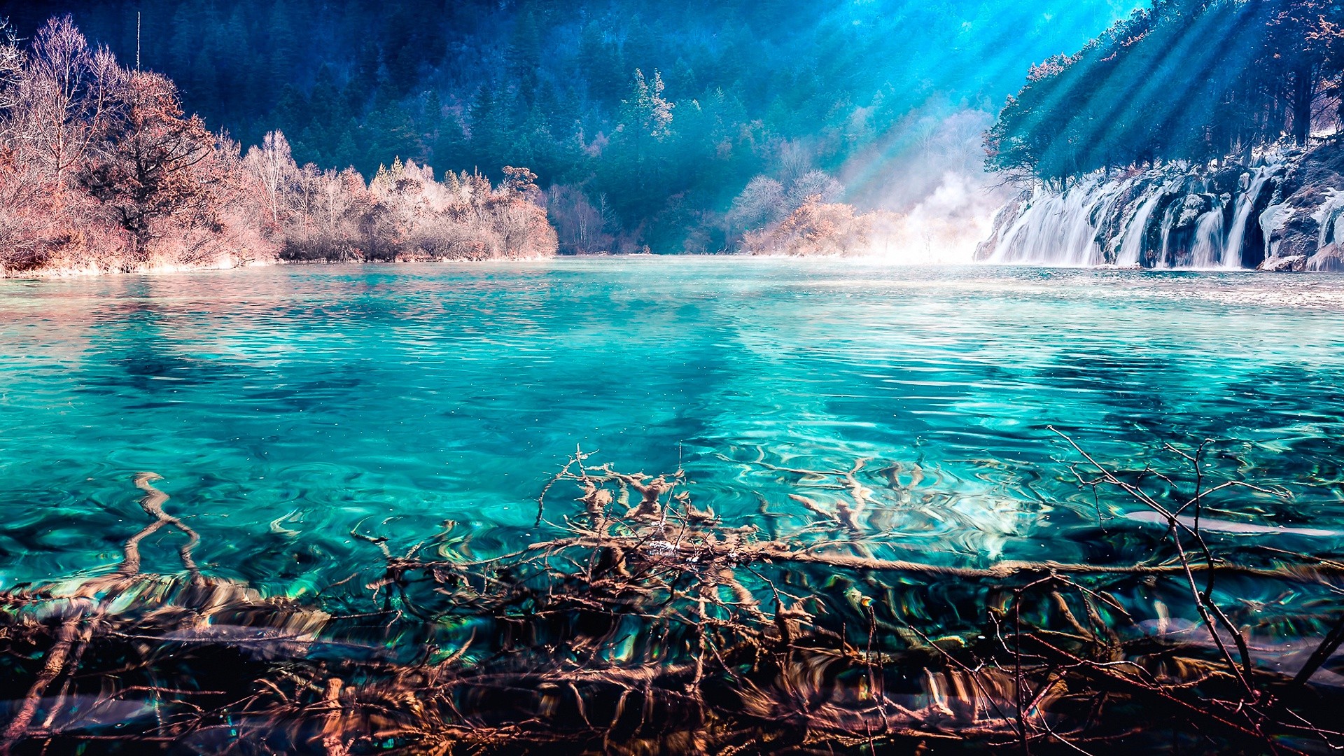 Turquoise lake with waterfall and trees in China HD Wallpaper