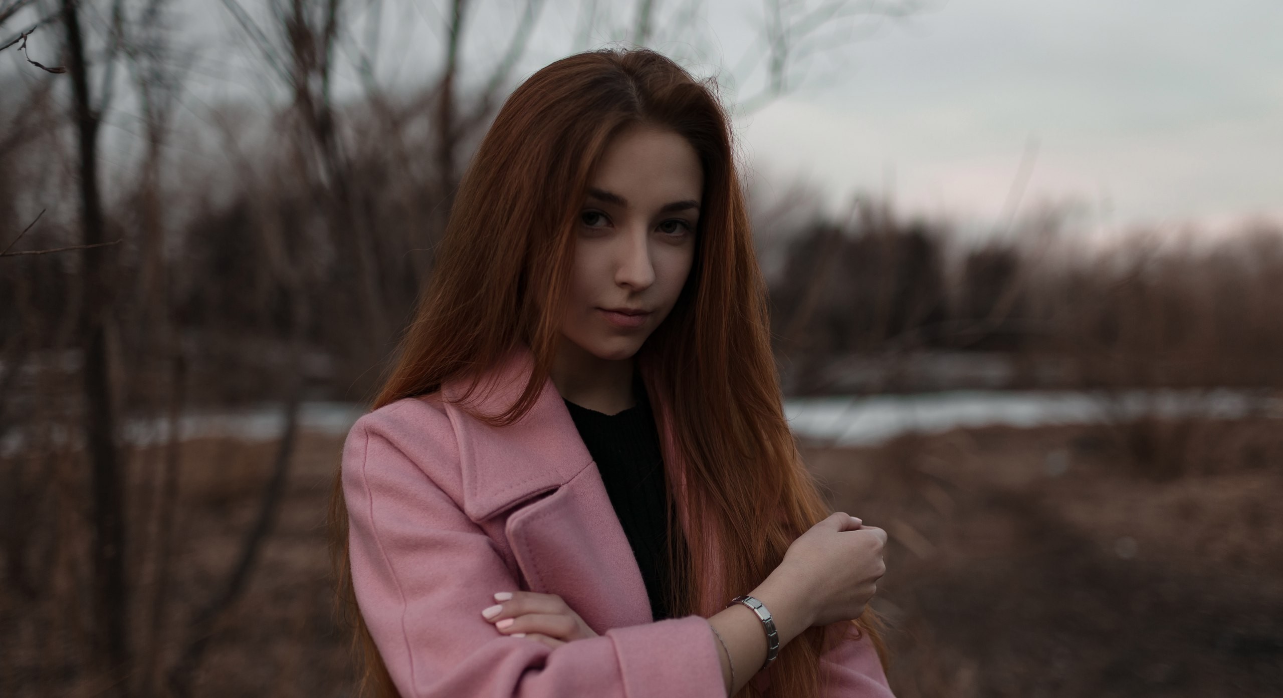Redhead woman in pink coat outdoors HD Wallpaper