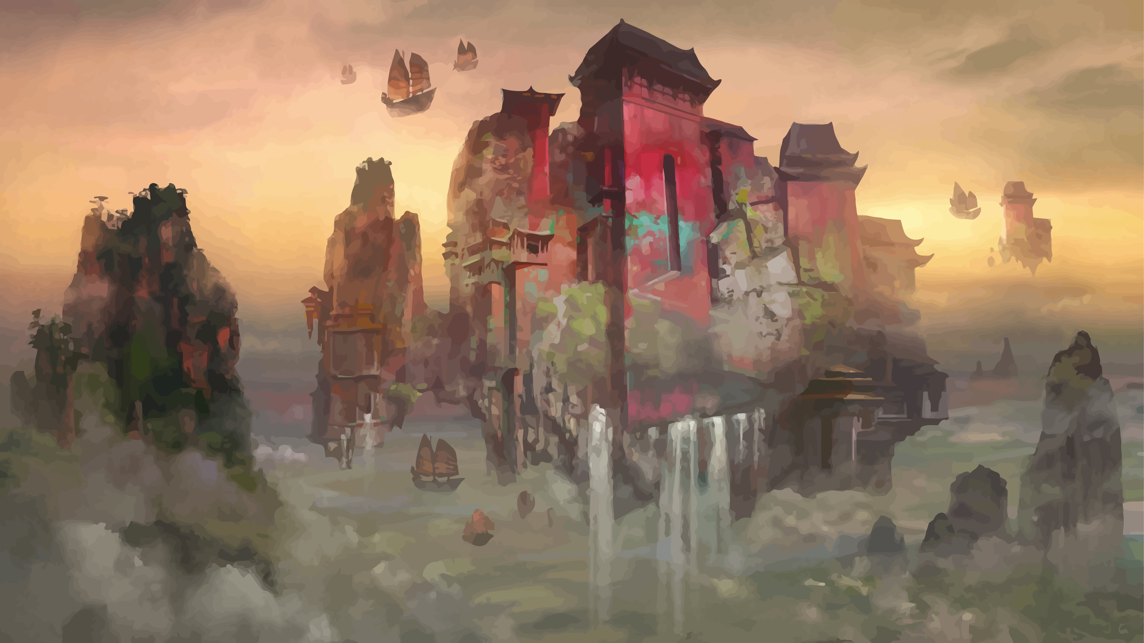 Floating islands with ancient Chinese architecture and ships HD Wallpaper