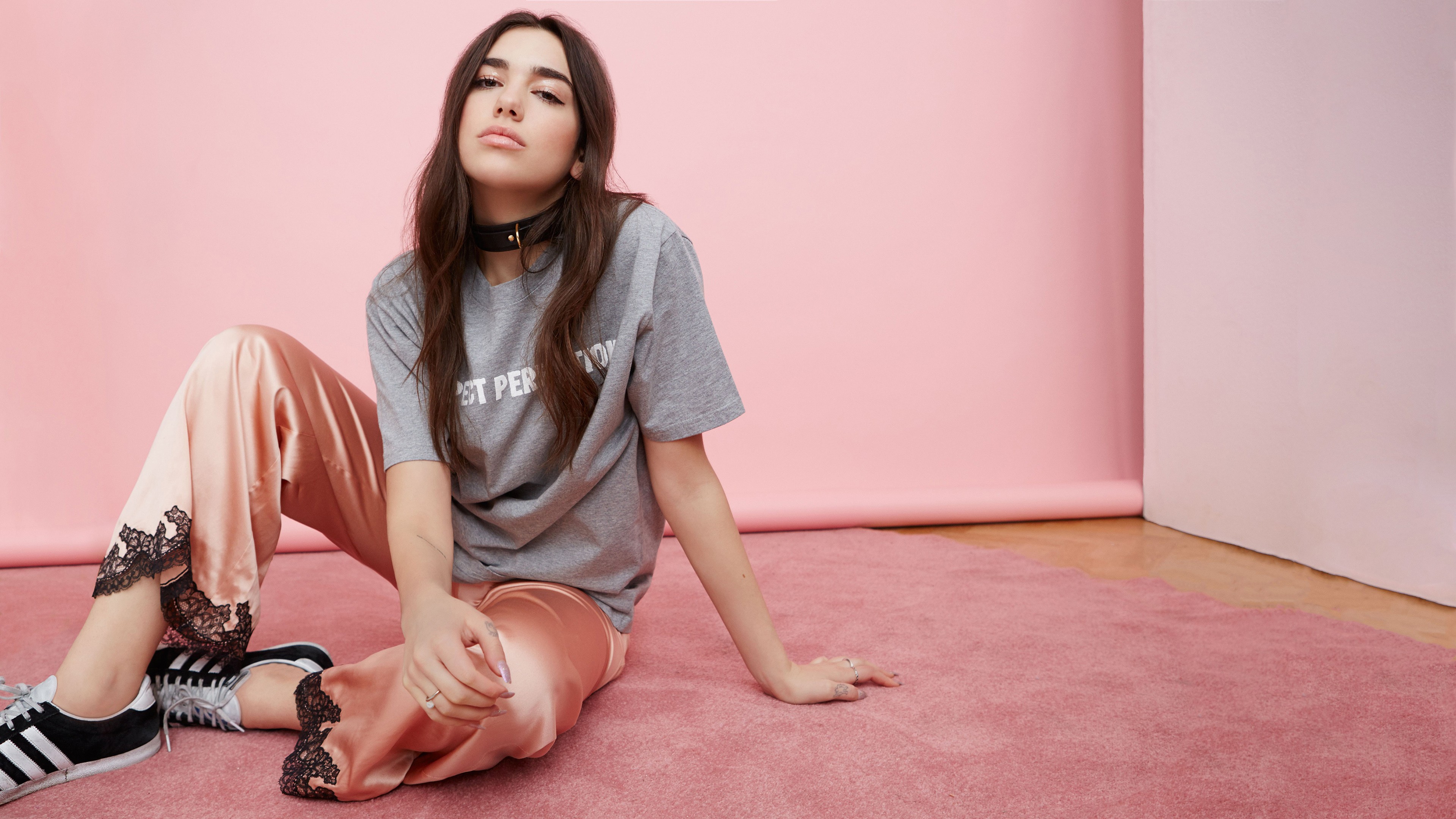 Dua Lipa wearing a choker and pajamas HD Wallpaper