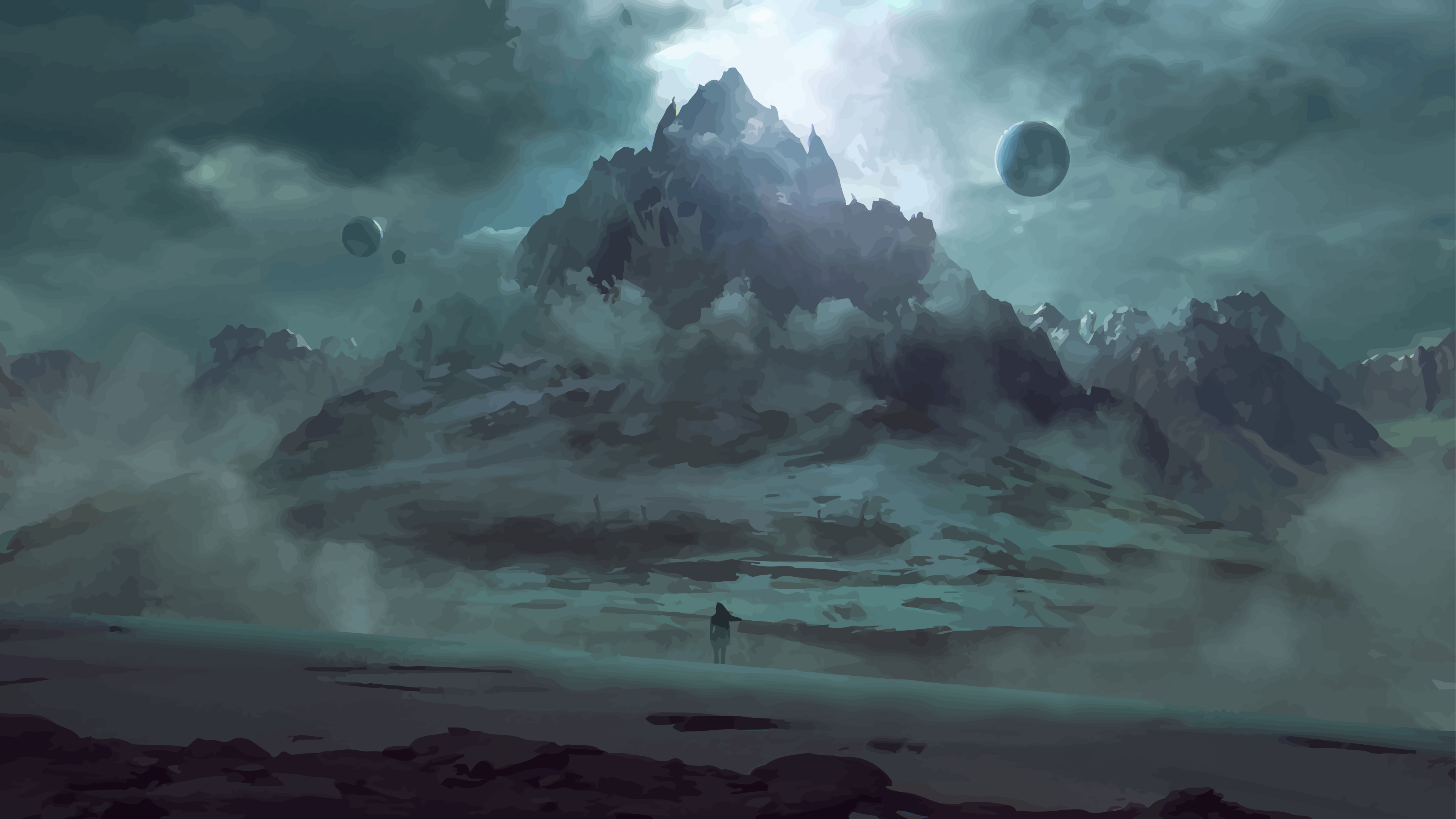 Fantasy mountain landscape with moons and a lone figure HD Wallpaper