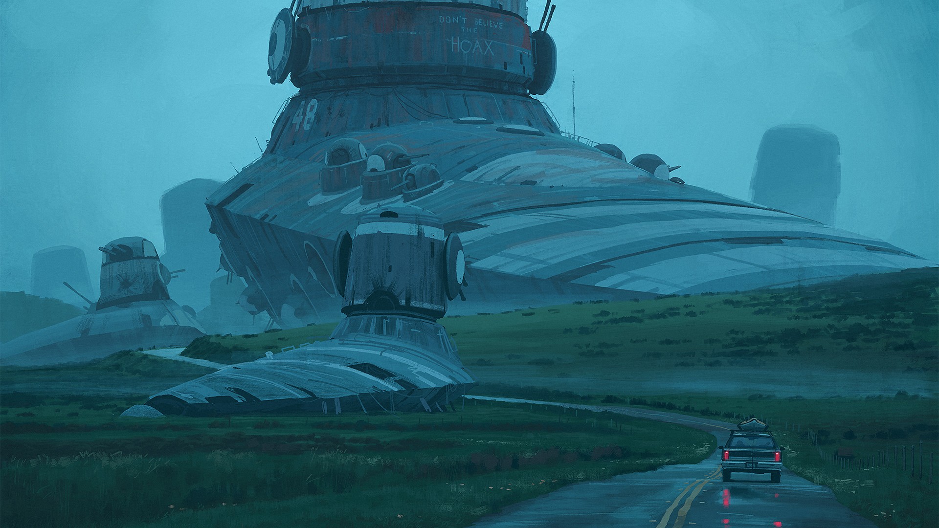 Spaceships in a field with a car on a road HD Wallpaper