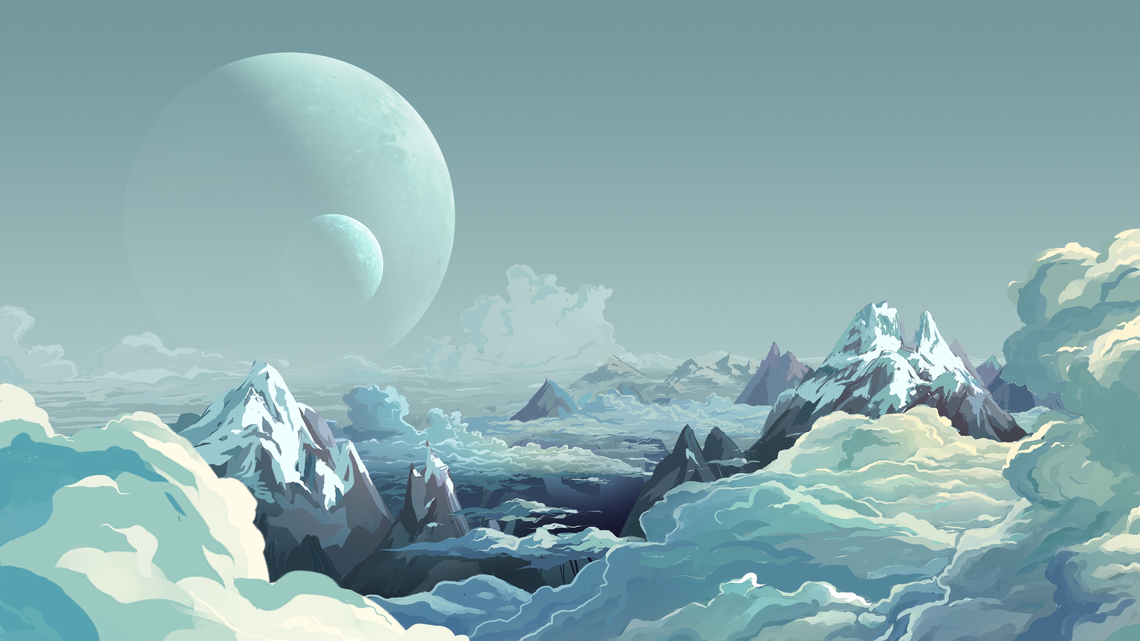 Digital art illustration of alien planets with mountains and clouds HD Wallpaper