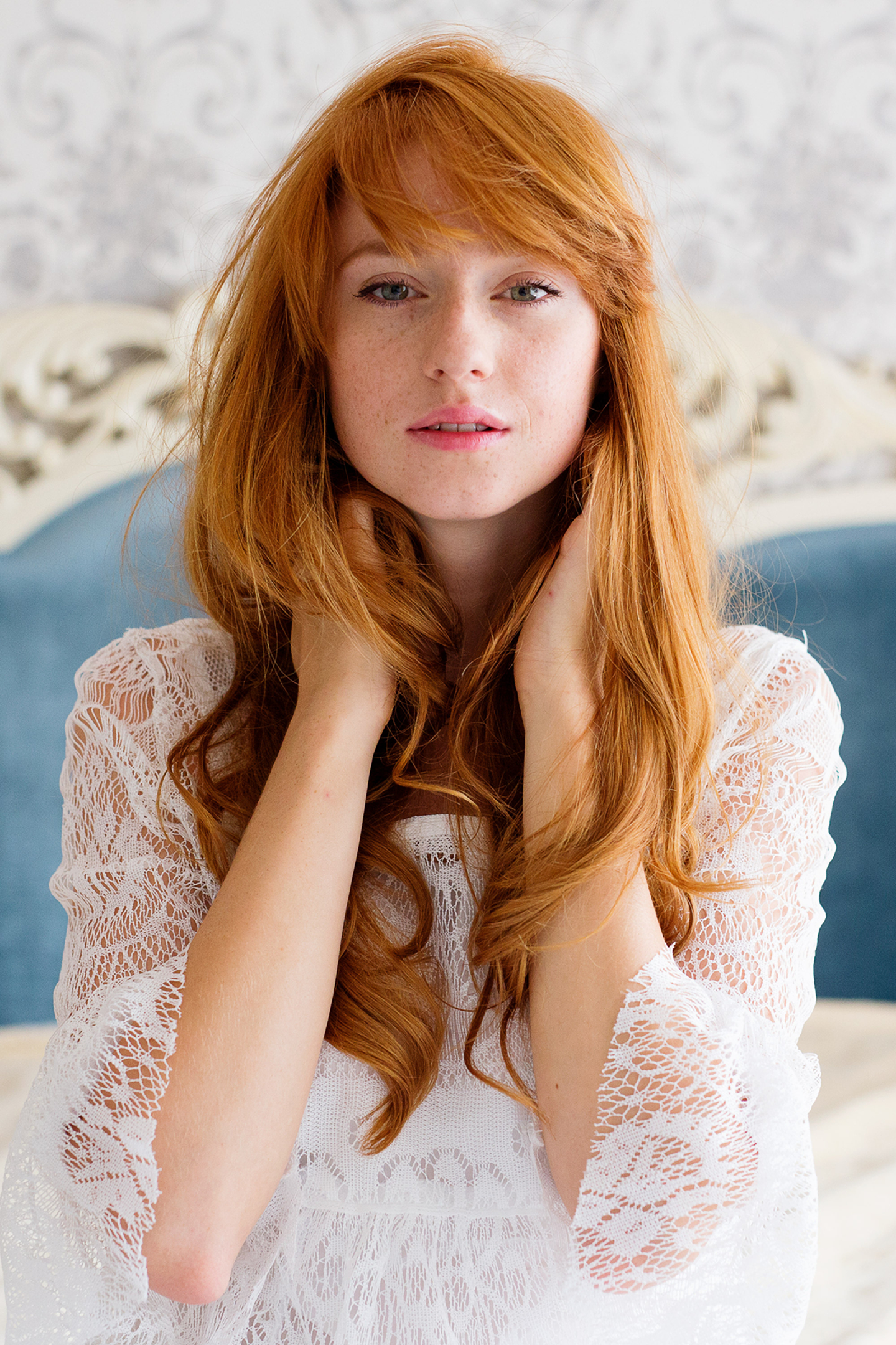 Redhead woman with freckles wearing white lace top HD Wallpaper
