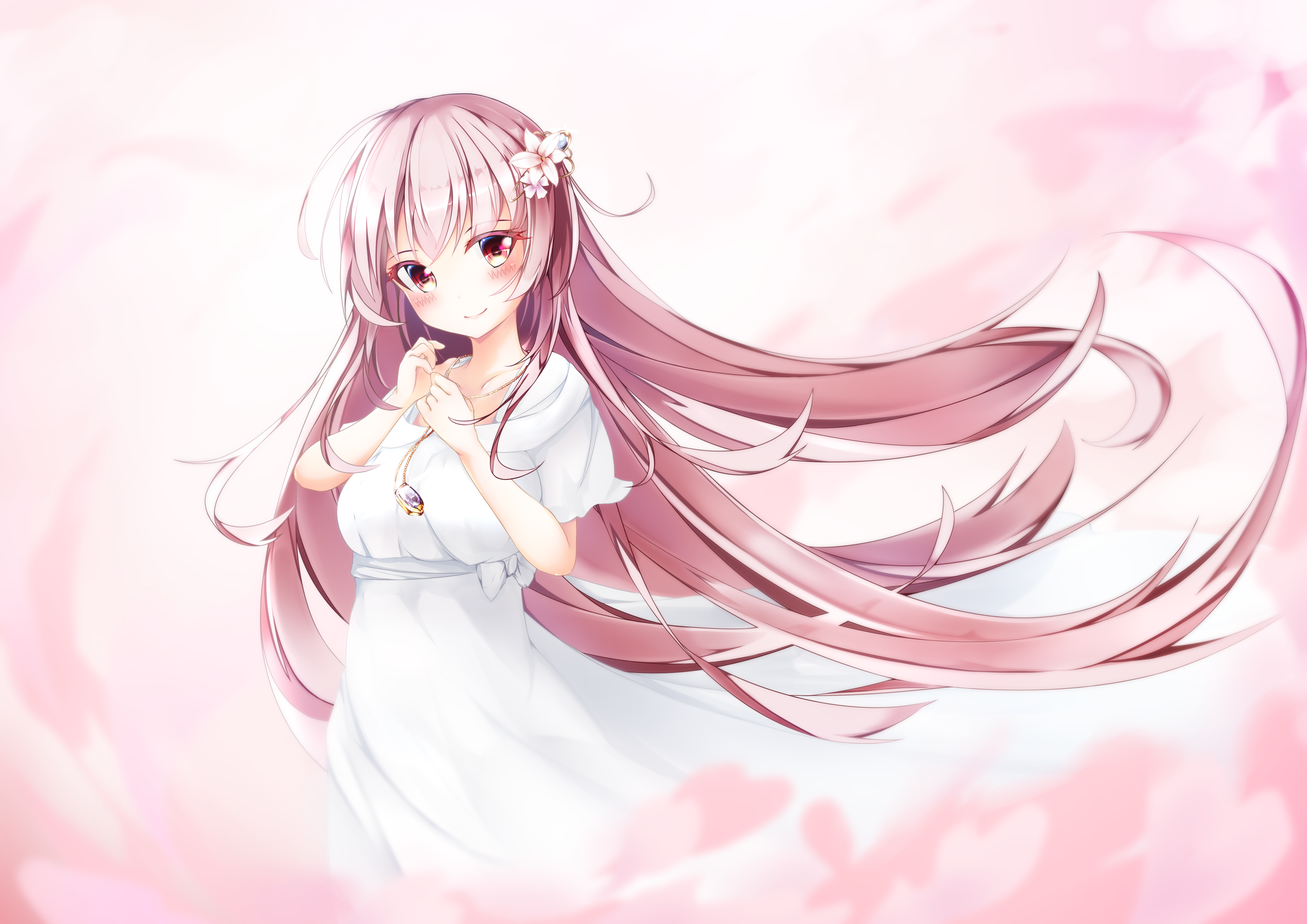 Anime girl with pink hair and red eyes in white dress HD Wallpaper
