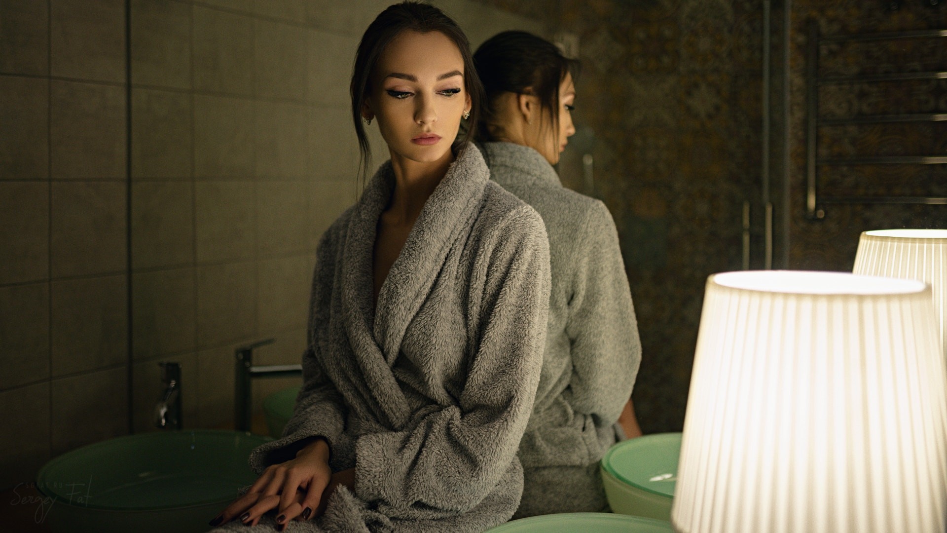 mirror, reflection, lamp, portrait, women, looking away, Sergey Fat, bathrobes, black nails, Kseniya Alekseevskaya HD Wallpaper
