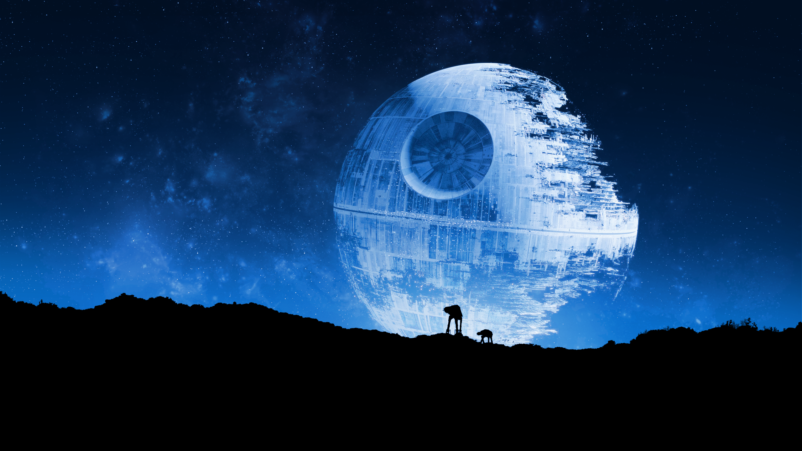 Death Star and AT-AT walkers on a planet HD Wallpaper