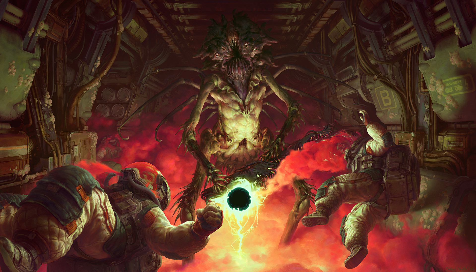 Alien creature confronts astronauts in sci-fi artwork HD Wallpaper