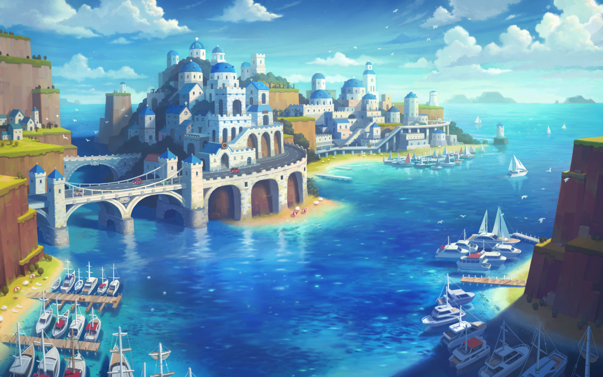 Coastal city with white buildings and blue domes, overlooking a bay with sailboats and yachts HD Wallpaper