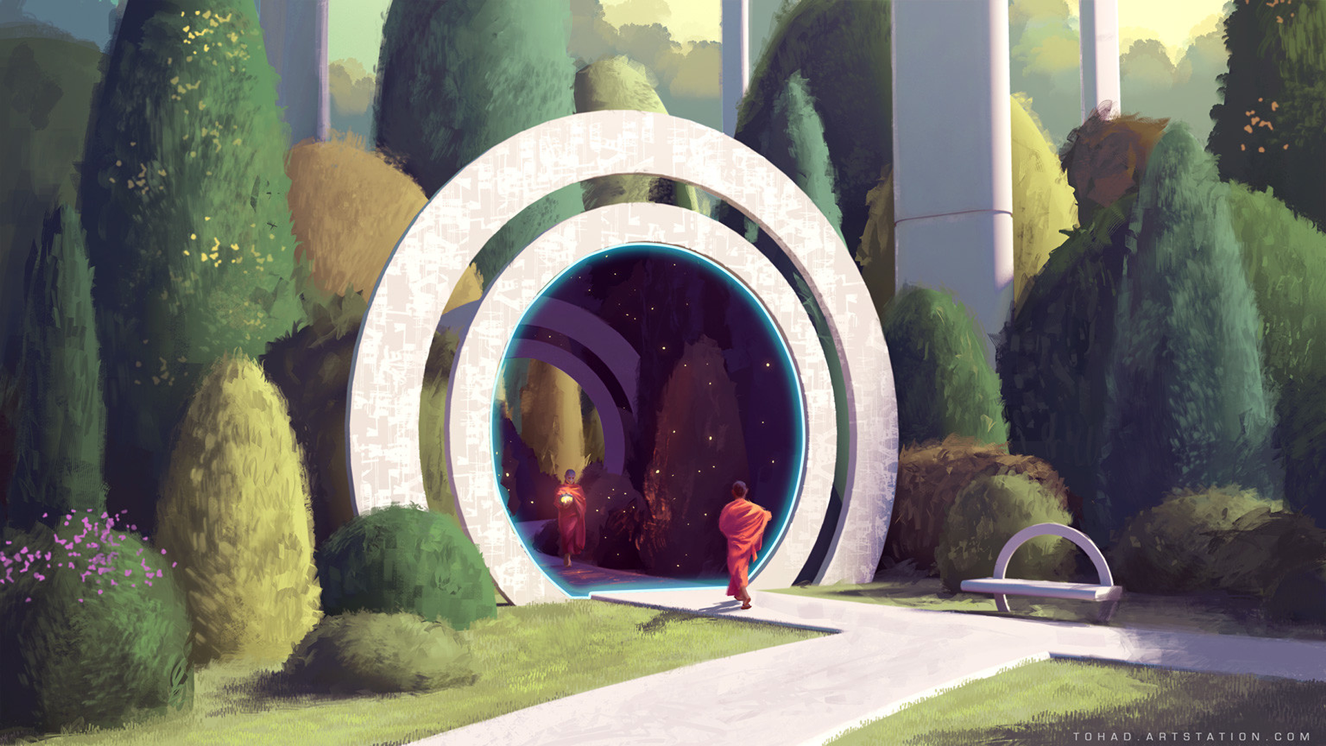 Monks entering a sci-fi portal in a garden HD Wallpaper