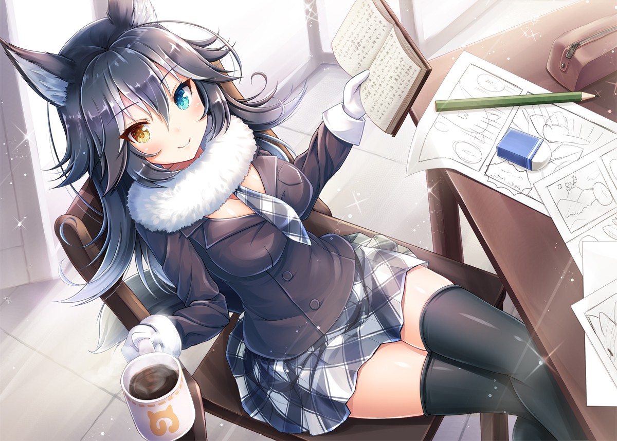 Anime girl with animal ears reading a book HD Wallpaper