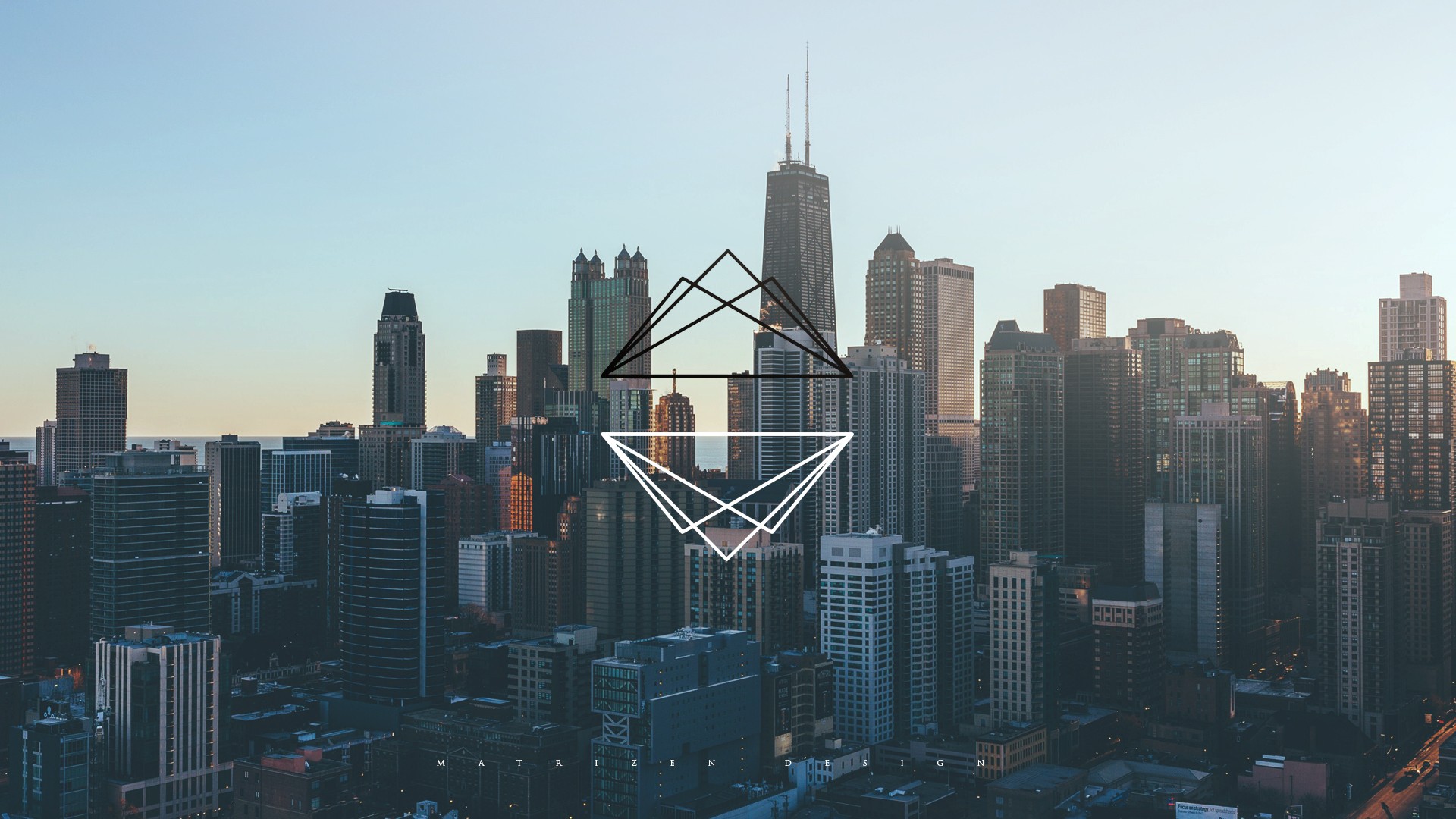 Cityscape with geometric overlay and Matrizen Design logo HD Wallpaper