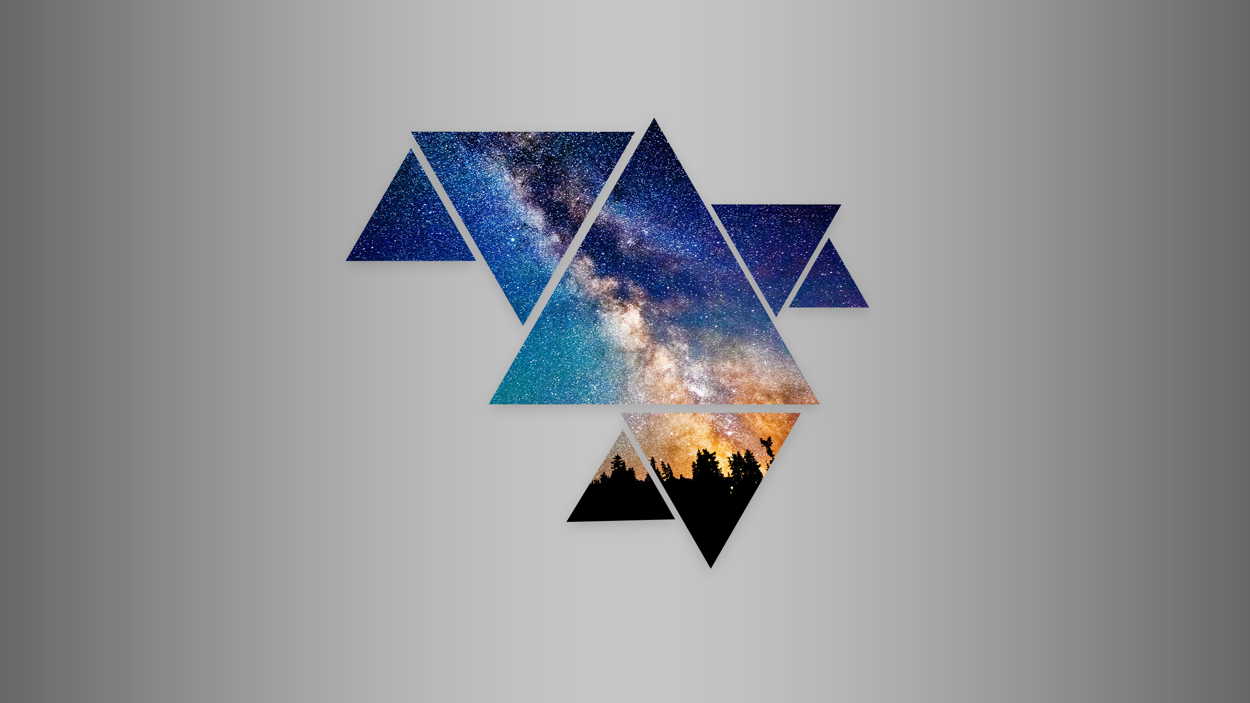Abstract geometric shapes with galaxy and forest scenes HD Wallpaper
