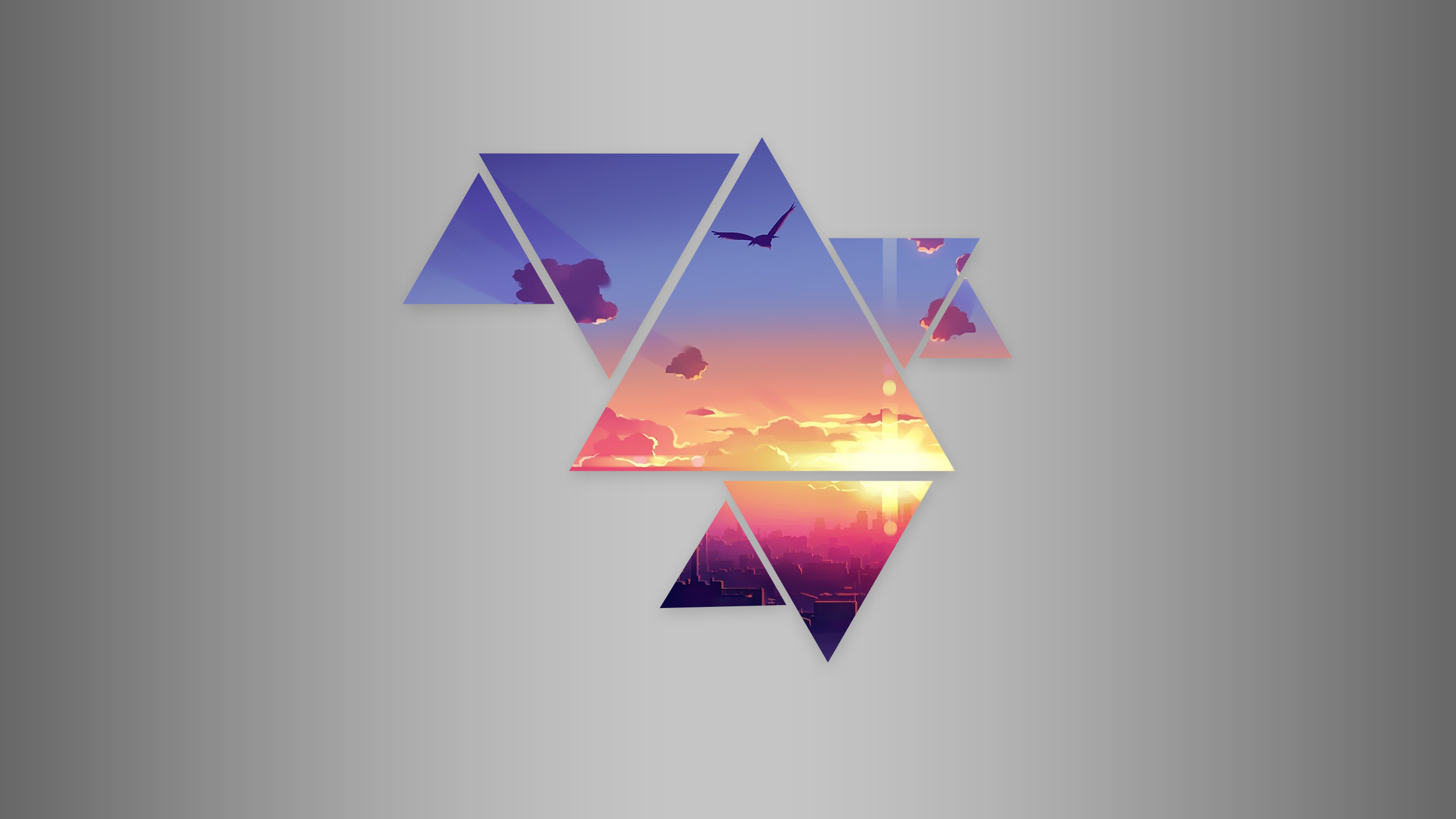 Abstract geometric shapes with sunset city view HD Wallpaper