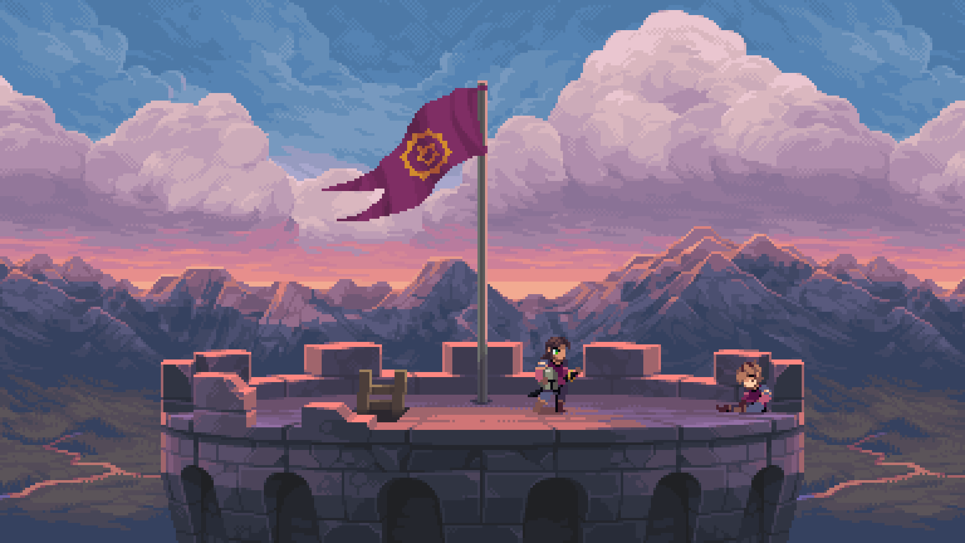 Pixel art castle tower with flag and characters at sunset HD Wallpaper