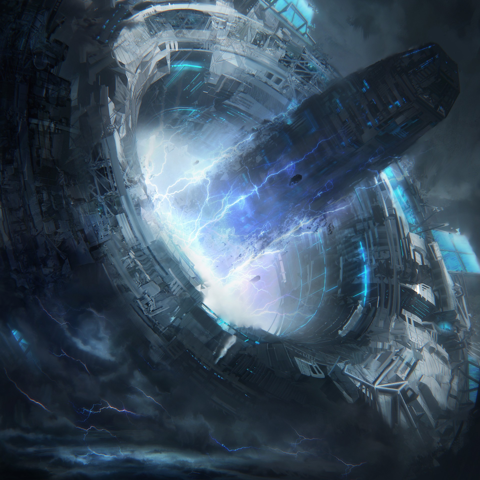Massive sci-fi space station with lightning HD Wallpaper