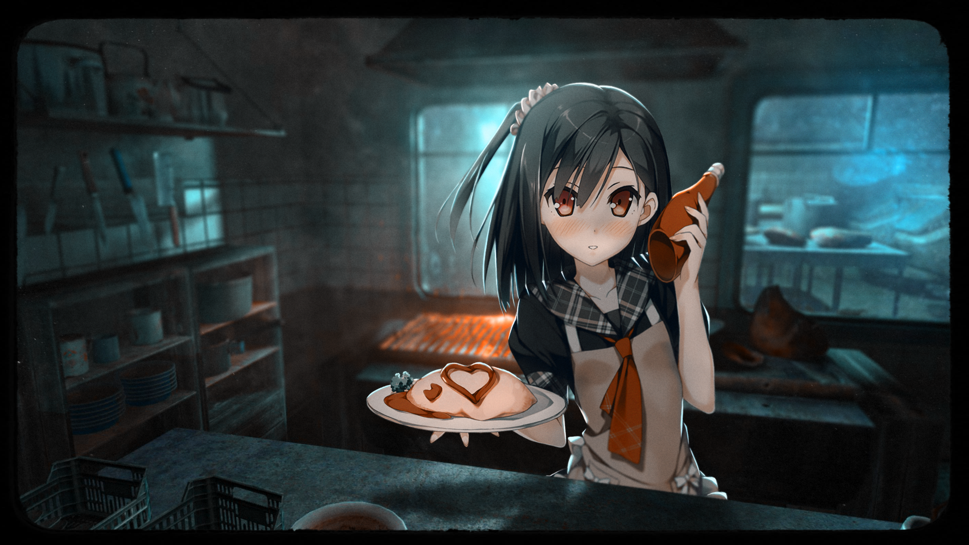 Anime girl holding omurice in a kitchen HD Wallpaper