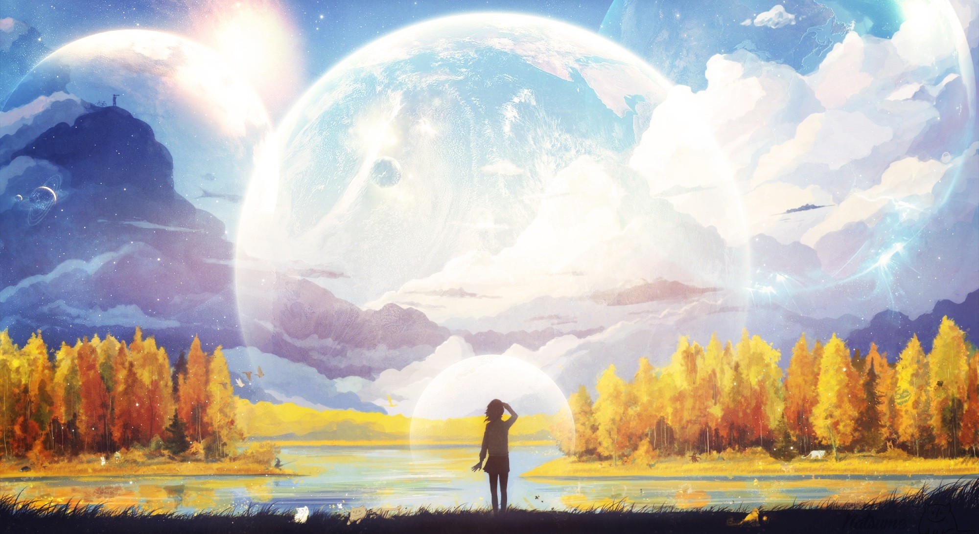 Fantasy landscape with planets and a lone figure HD Wallpaper