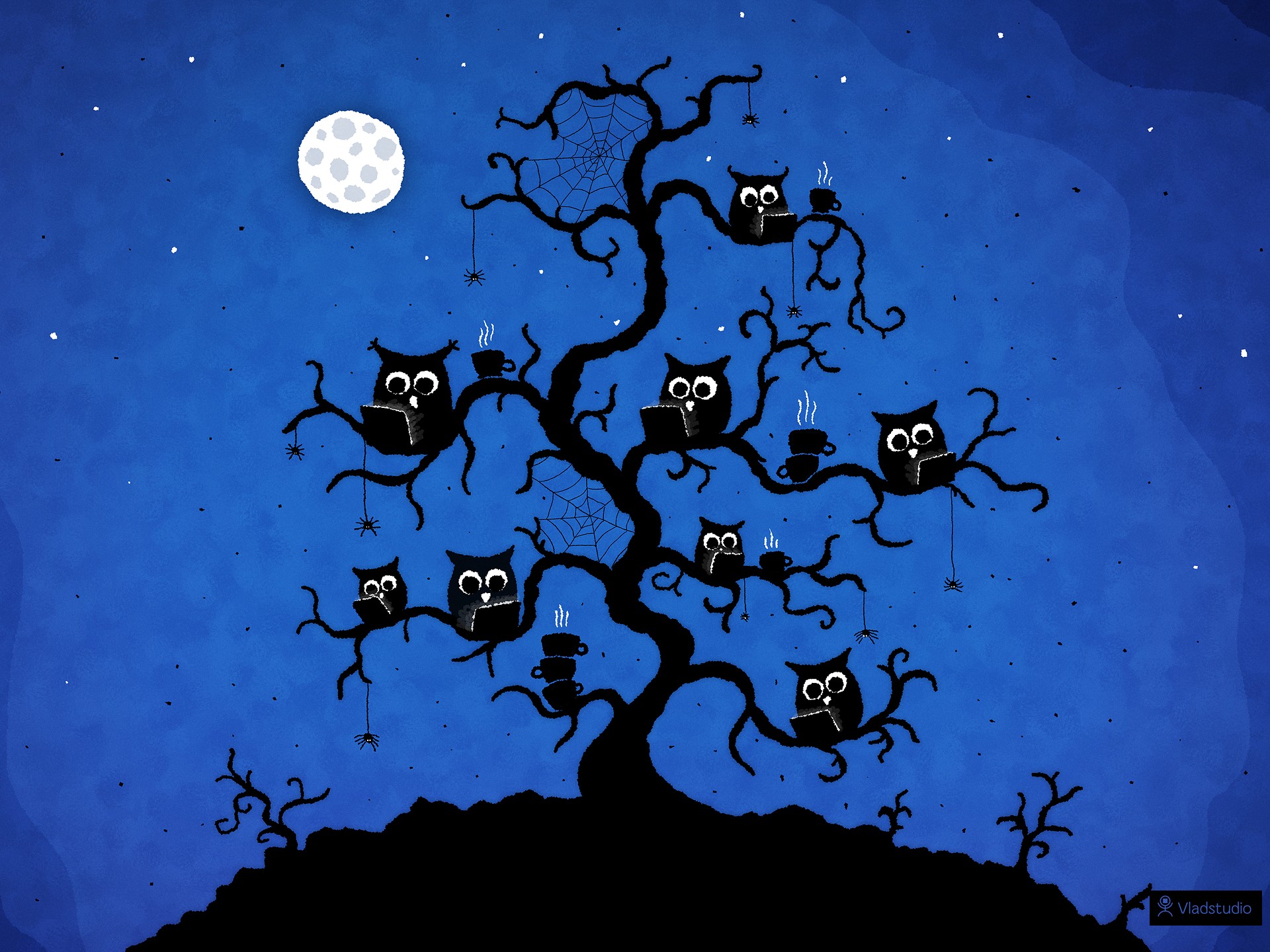 Owls reading books on a tree at night HD Wallpaper