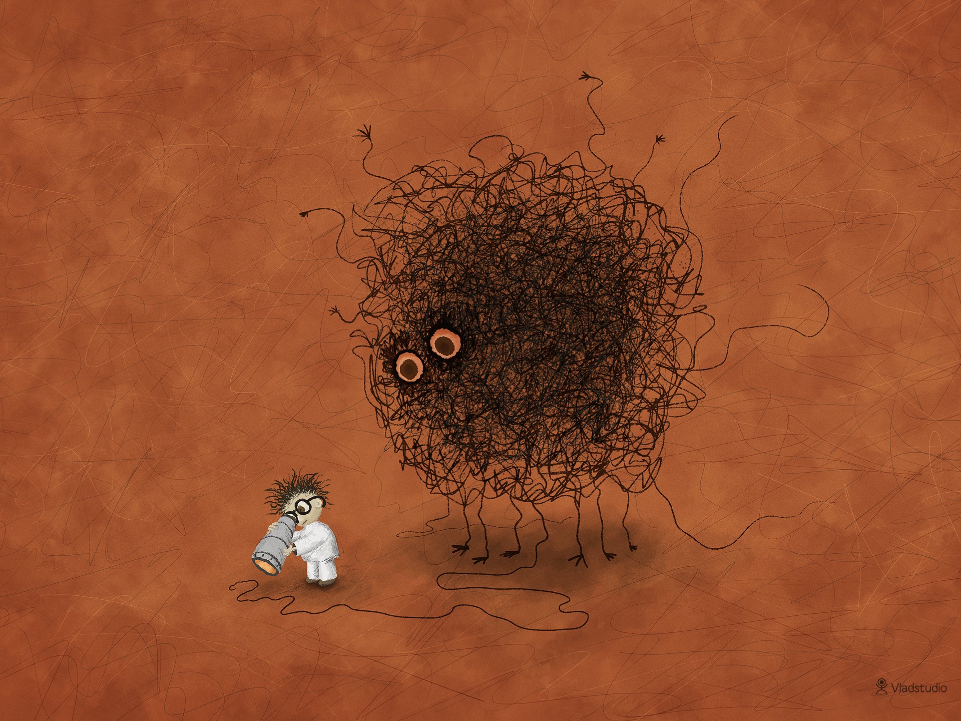 A scientist observes a messy creature with eyes HD Wallpaper