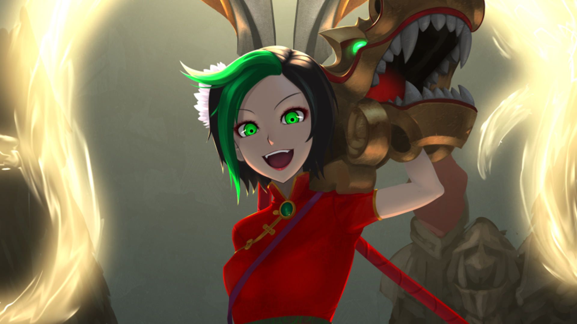 Jinx from League of Legends with a dragon weapon HD Wallpaper