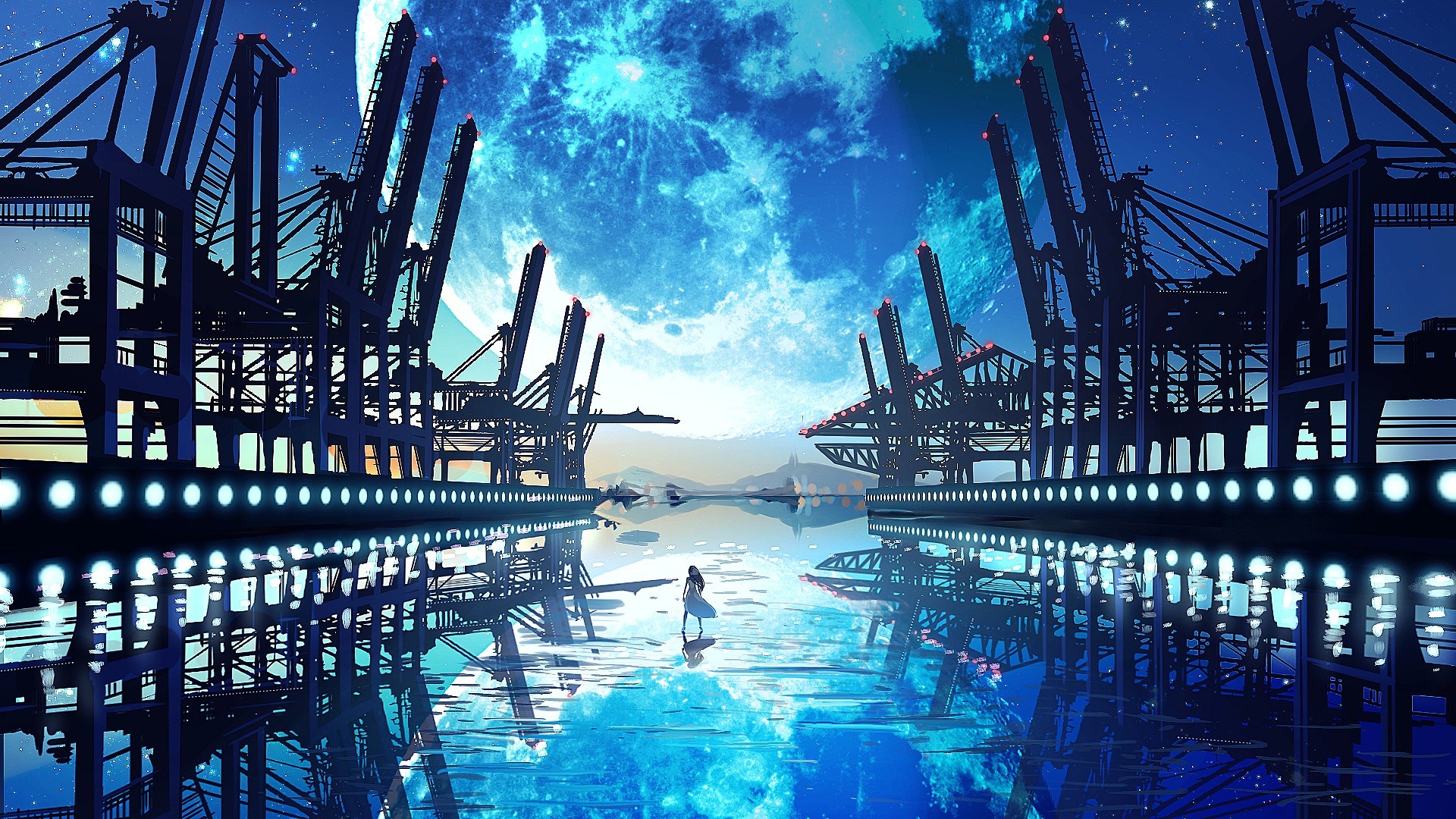 Anime girl in futuristic port under a large moon HD Wallpaper