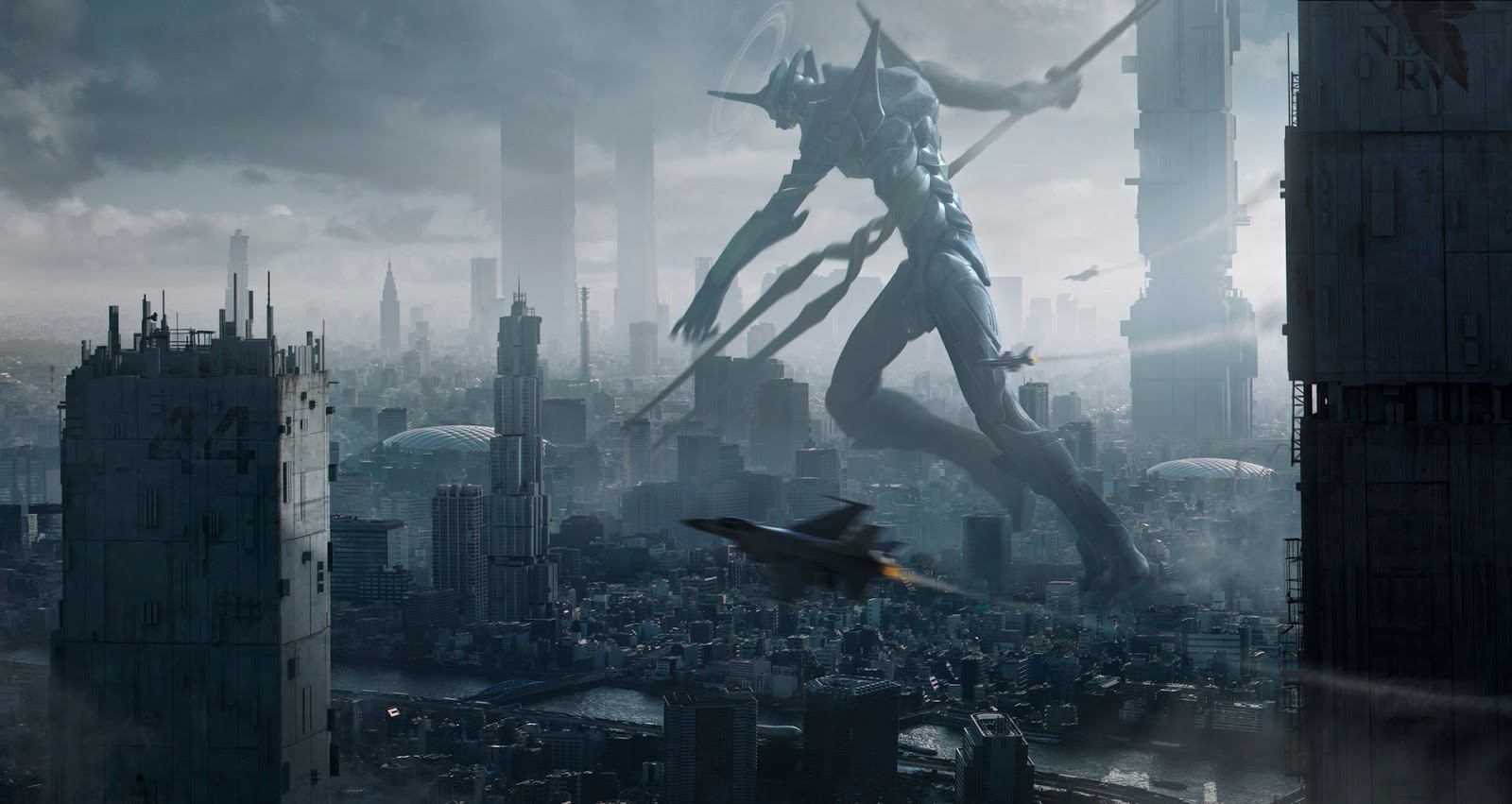 Evangelion Unit-01 in a destroyed city with fighter jets HD Wallpaper