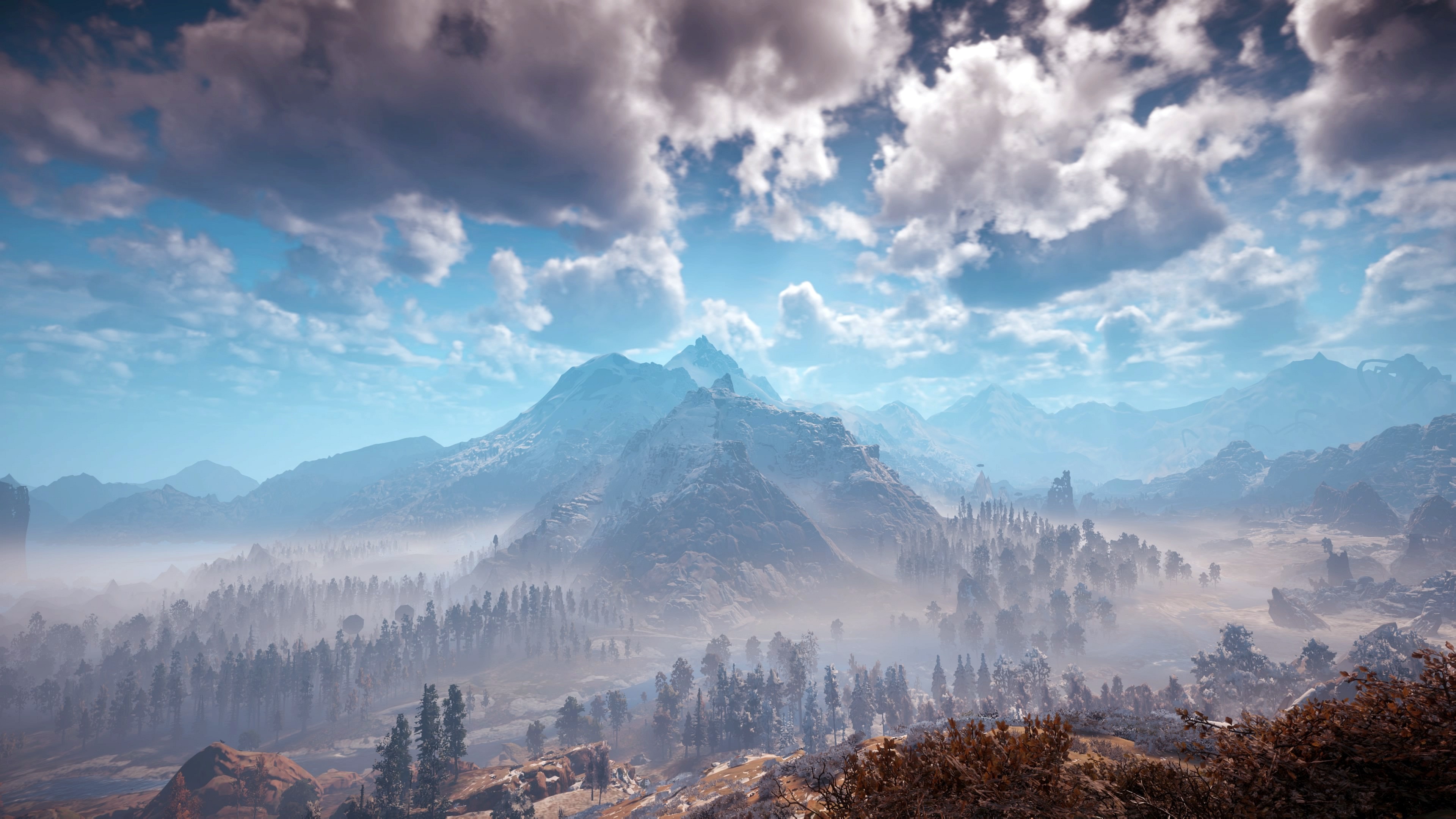 Horizon: Zero Dawn landscape with mountains and fog HD Wallpaper